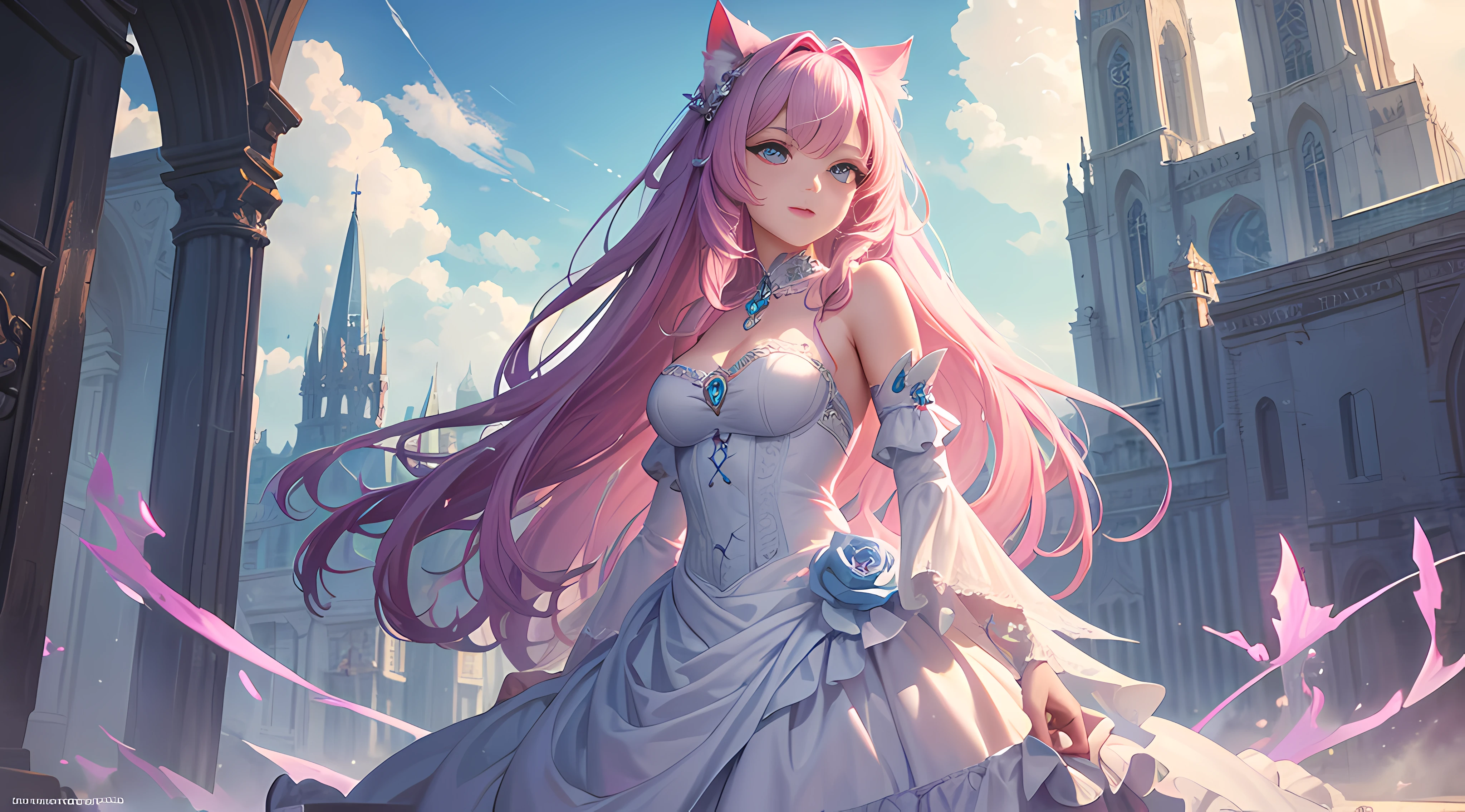 (masterpiece, top quality, best quality, beautiful illustration,official art, beautiful and aesthetic,1woman,:1.5),(A woman holding a bouquet and looking at you:1.5),Long pink hair, Oversized shirt, hot pants, high-heeled sandals, sparkling eyes, fox ears, happy expression, bouquet, loose, fun, masterpiece backgrand