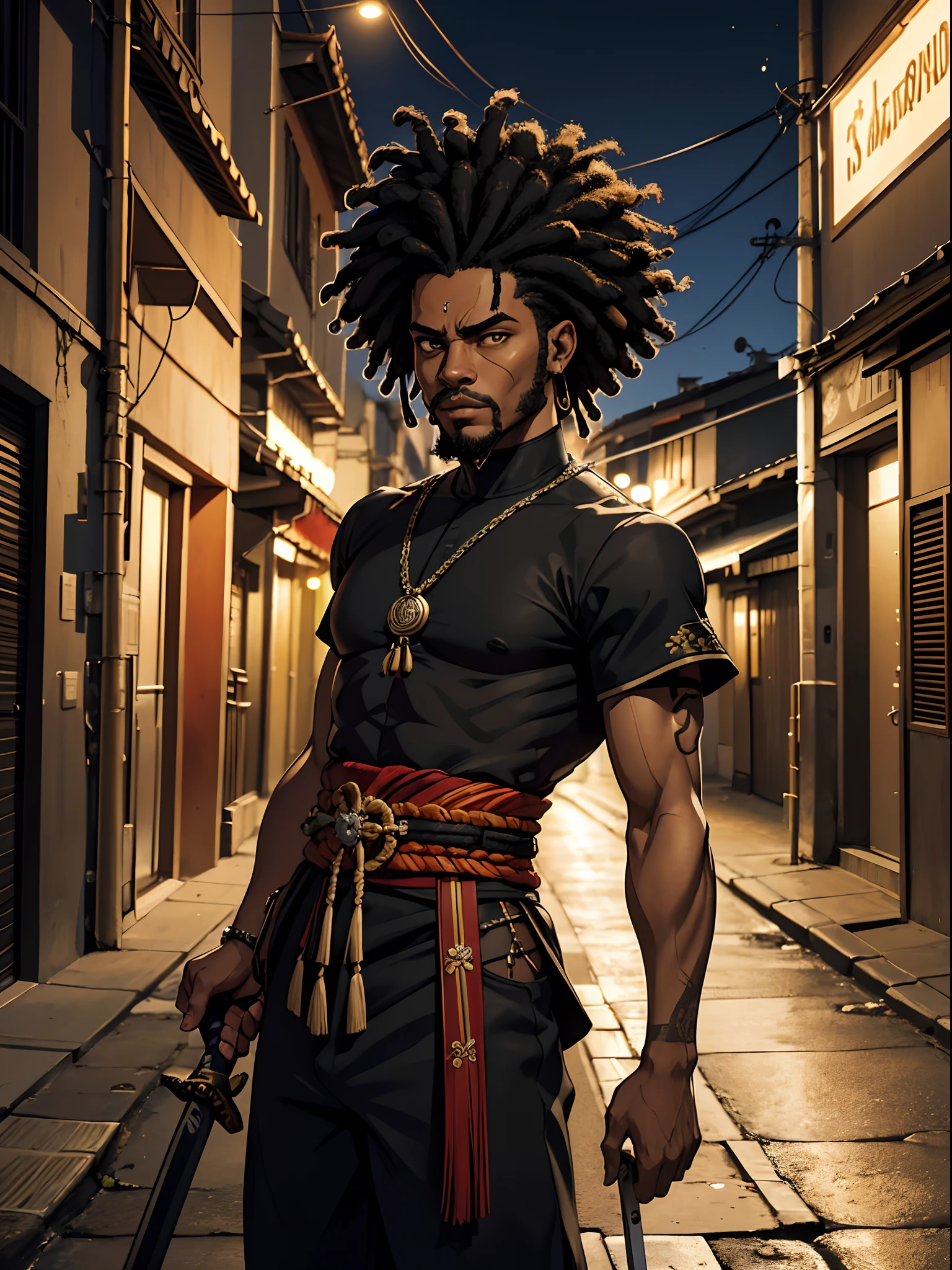 (papel de parede 8k extremamente detalhado), Tema escuro, fantasia moderna, anos 2020, (((homem negro adulto))), punk, usando roupas afro, foco nítido, (subsurface scatter:1.1), fotografia premiada, rosto centralizado, tiro de meio corpo:1.1, cabelo rastafari branco, olhos brancos, espadas samurai, caminhando num beco escuro a noite, samurai urbano, Indifferent expression, lighting dramatic