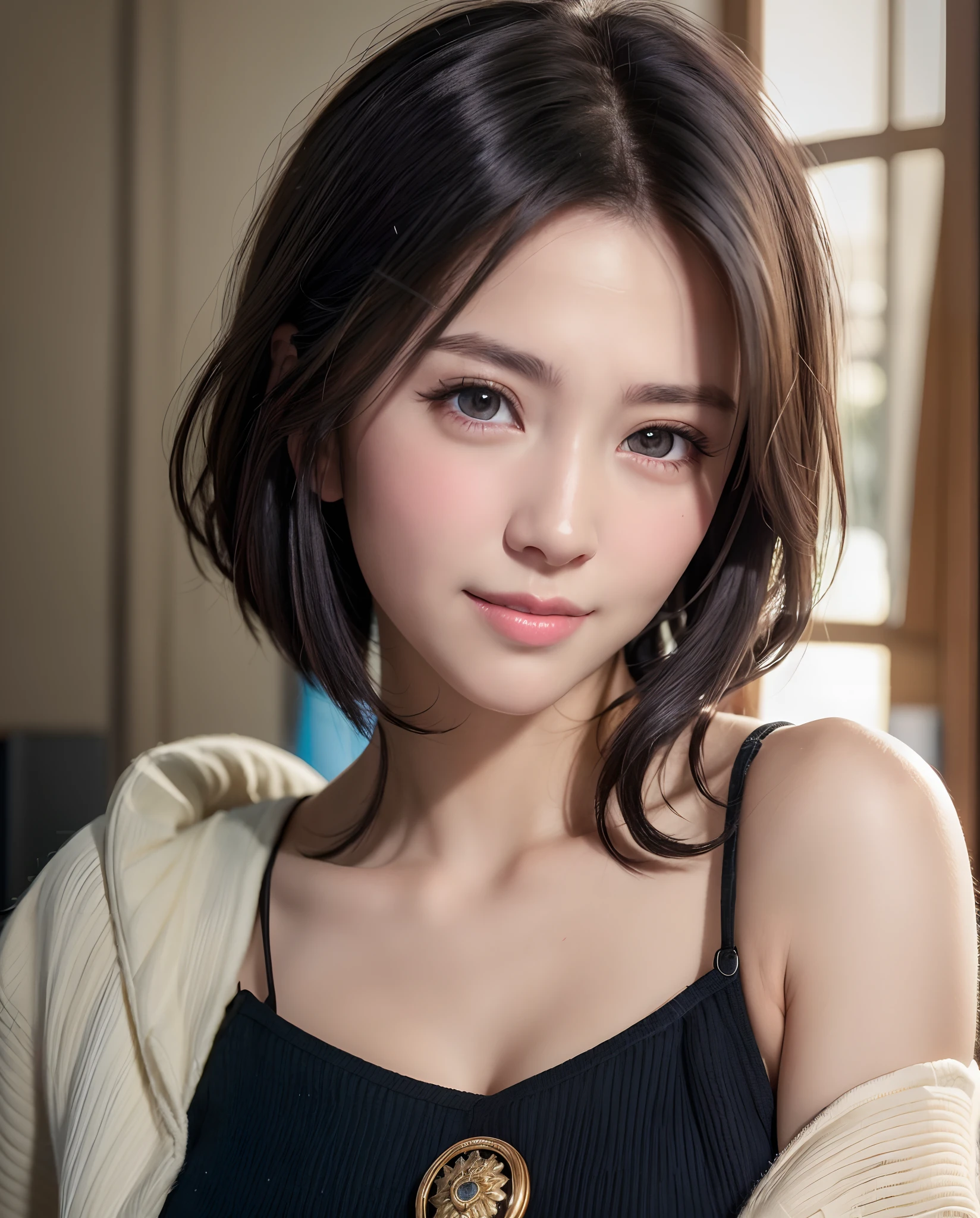 a girl,short cut hair,black hair, longeyelashes, solid circle eyes, light smile, mole under eye, heart-shaped pupils, forehead, Surrealism, drop shadow, anaglyph, stereogram, tachi-e, atmospheric perspective, depth of field, first-person view, Sony FE GM, 8k, super detail, ccurate, best quality, HD, 16k(The bikini:1.0) ,(Natural eye makeup:1),large full breasts:1.7,(light smile:1.5)