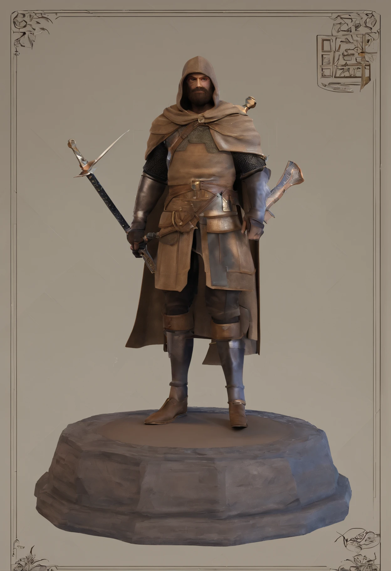 Busto de homem,usando roupa de assasinoo medieval,assasino medieval,segurando um arco curvo,arco e flecha,arqueiro medieval,feito de resina,modelagem 3d,homem jovem,aljava com flechas nas costa