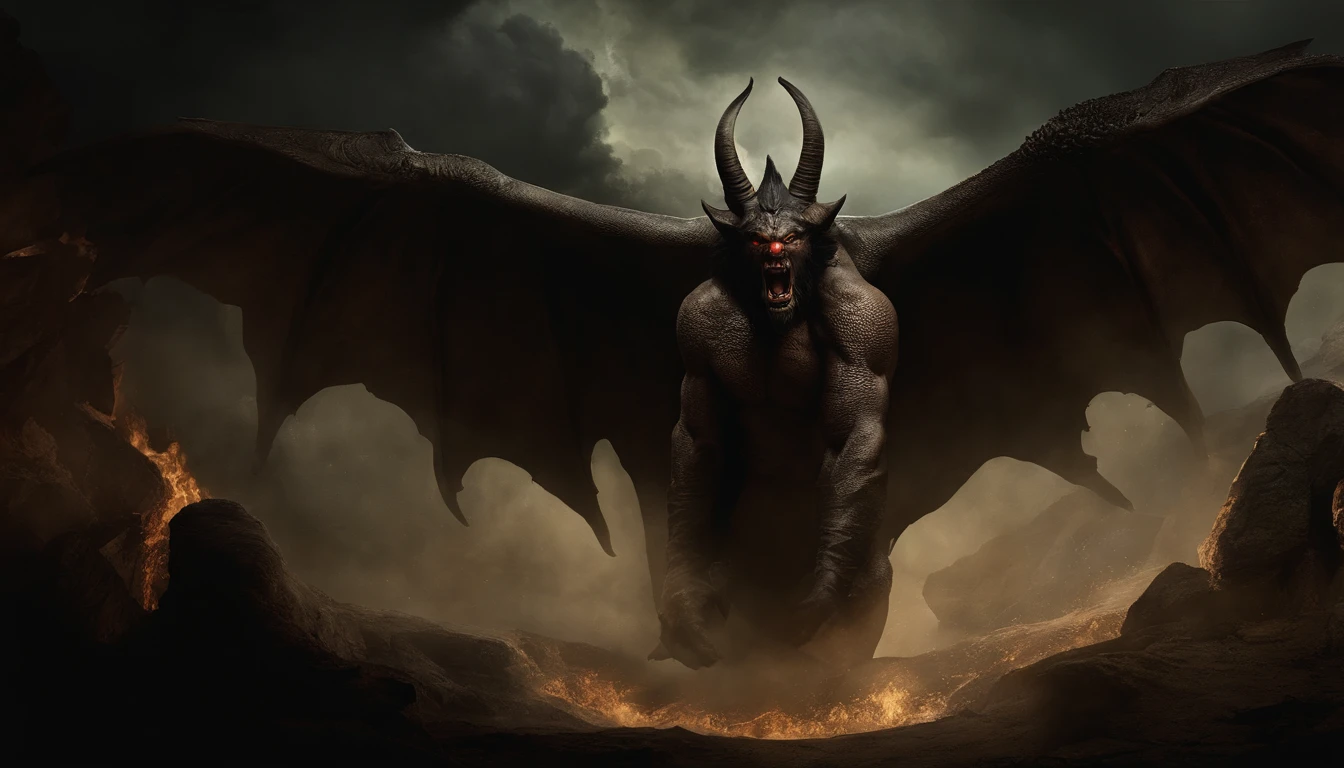Monstrously terrifying winged and horned demon covered in blood with a human's head in his hand