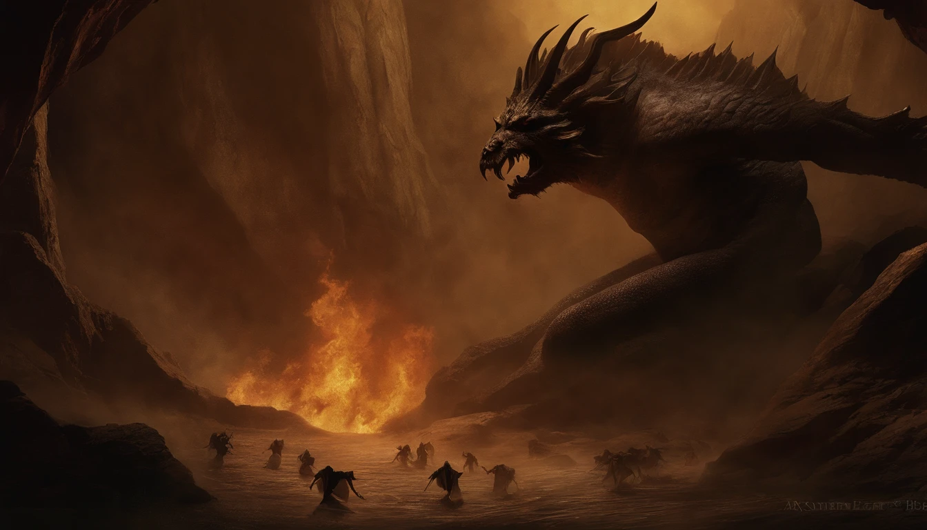 In the dense darkness of an ancient cave, seven terrible creatures from the Bible emerge, illuminated only by a dim and quivering light. On the left hand, The Leviathan, A sea monster with impenetrable scales, ergue-se com olhos flamejantes. Ao seu lado, A Fallen Angel, Lucifer, exibe suas asas negras e um sorriso malicioso. On the right hand, os Cavaleiros do Apocalipse galopam em seus cavalos sinistros - Peste, Fome, Guerra e Morte, each more threatening than the other. Logo abaixo, A horned demon, Belzebu, roars at his grotesque appearance. No centro, the figure of Lucifer emerges, Fallen from the sky, his crumbling angel wings and a look of defiance. This dark and terrifying image captures the essence of the Bible's legendary creatures in all their horror.