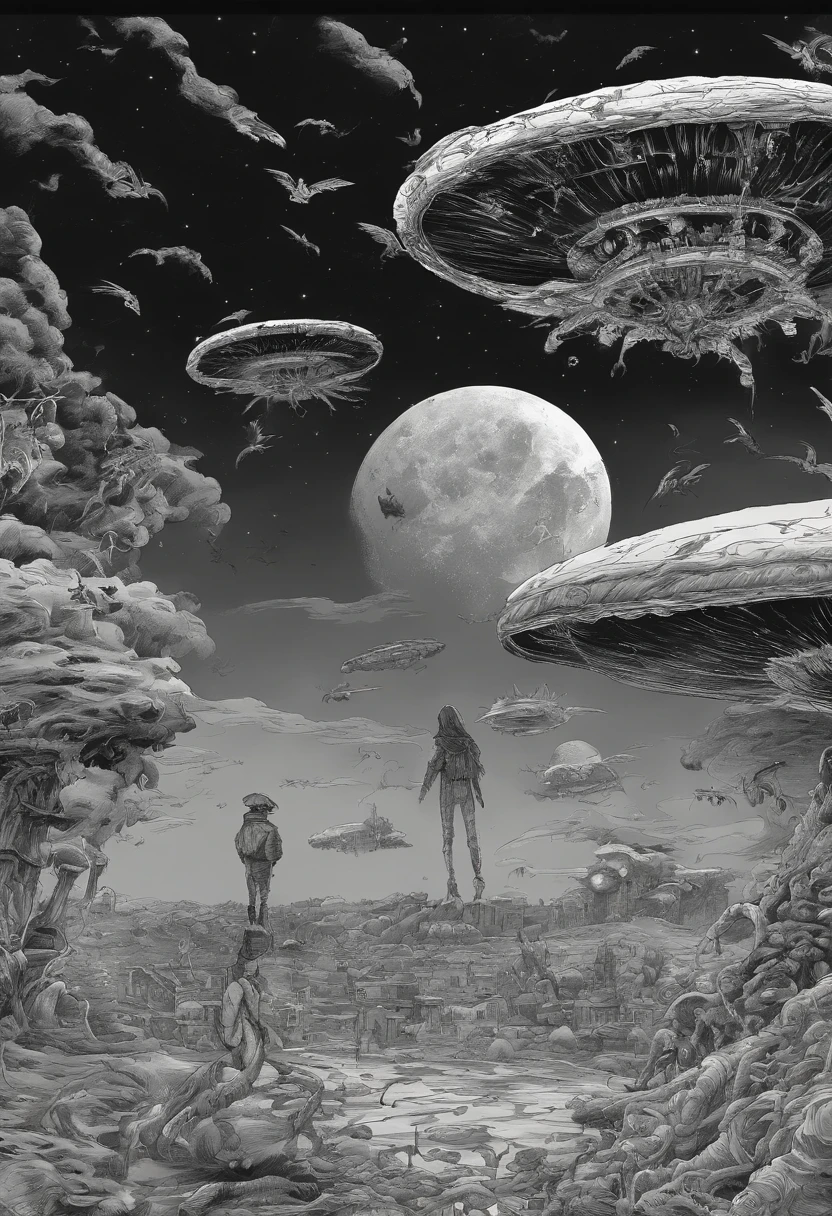 In a dark whimsical, starkly cartoon world, a kaleidoscope of flying objects swirls against surreal macbre landscapes, inspired by the ethereal sounds of death rattles.Gentle mews and horrific fantasy converge as vibrant colors, dark matter and exaggerated shapes come alive. A visceral realm unfolds, reminiscent of HP Lovcrafts mythos, Broms distinctive art style. Against a backdrop of angrily moody clouds and falling bubble drip skies, photorealistic concept art by Karol Bak and Brad Kunkle captures the magic and mysteries of this world in motion. (art inspired by dark Goth Neo Traditional). oil painting) Hyperstylized, hyper detailed, hyper surrealistic insanity