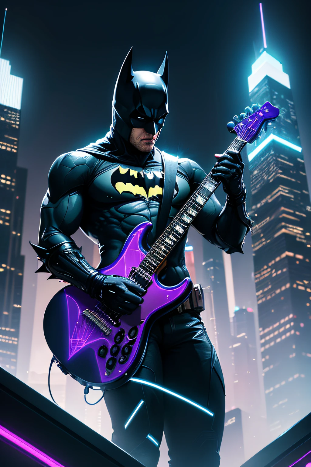 "Create a futuristic image of Batman in his signature costume playing a bright, high-tech electric guitar in a nighttime urban scene. Illuminate Batman with a neon blue light and highlight him amidst tall, futuristic skyscrapers. Make the guitar reflect a series of vivid colors and holographic patterns as he plays a song that echoes through the city of the future."