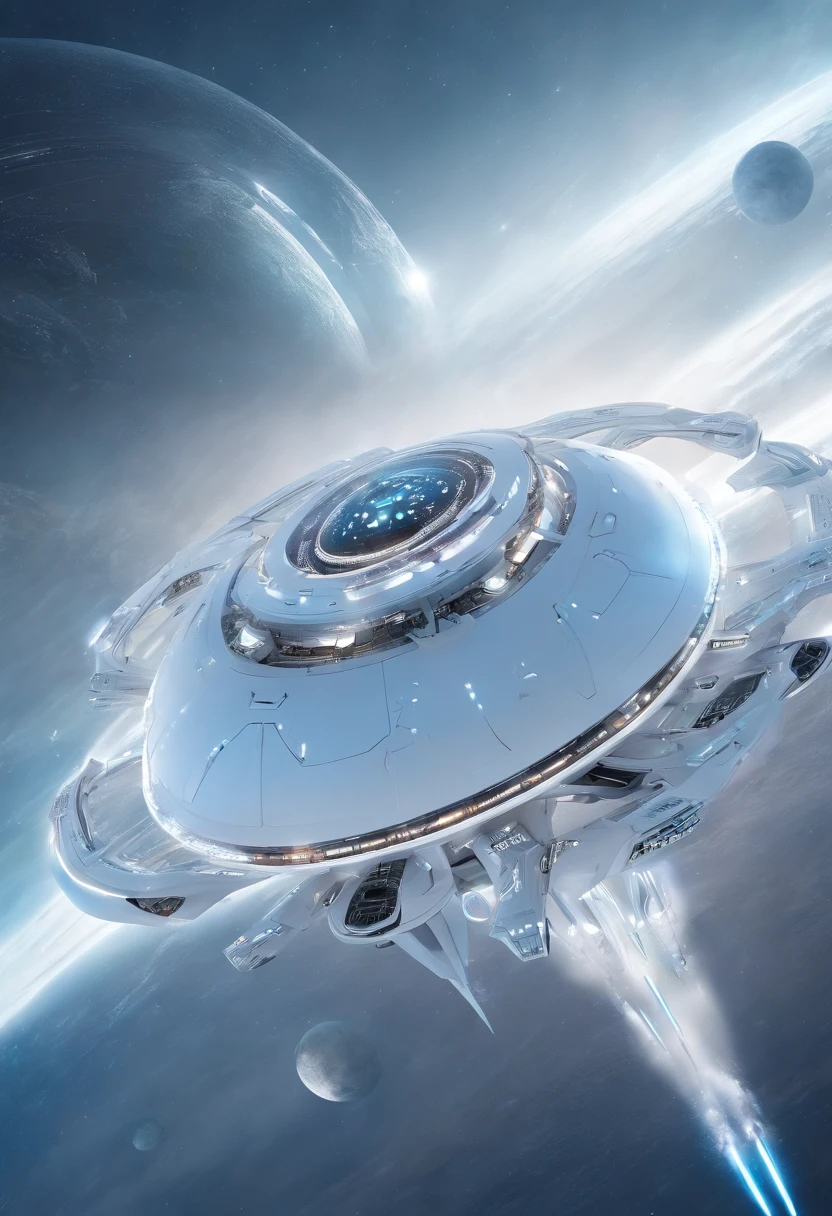 Futuristic alien spaceship flying over xloud with nova planets in space, White sky, White lighting, Rain,Lightning, Hyper realistic, Highly detailed,8K,with a pure white background