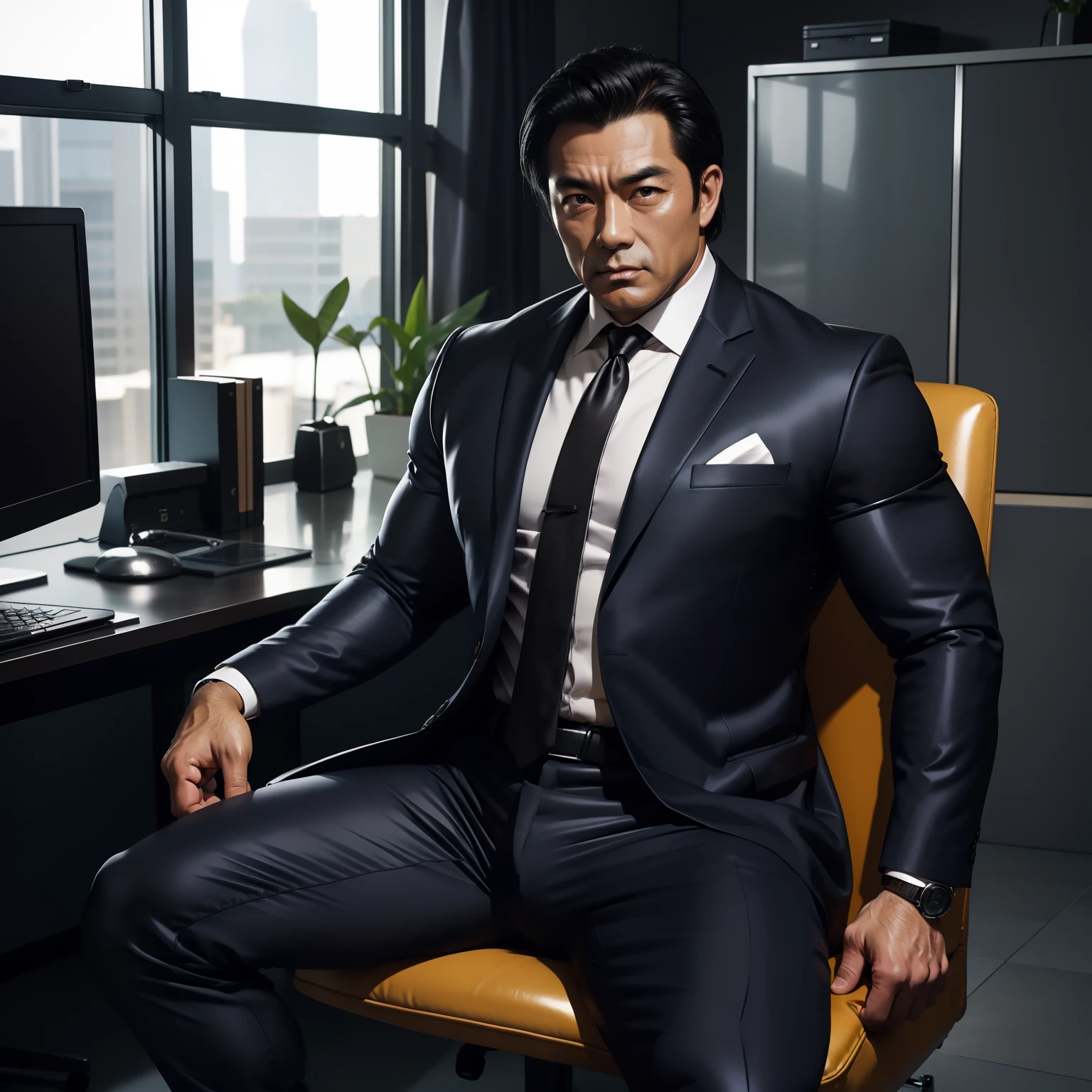 50 years old,daddy,shiny suit sit down,k hd,in the office,muscle, gay ,black hair,asia face,masculine,strong man,boss sitting erotic