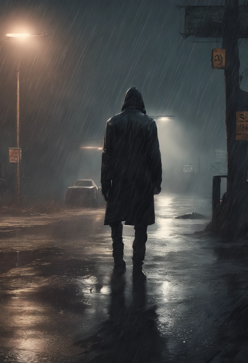 Gloomy night,Heavy downpours poured down,The protagonist walks towards the gas station,Blurred vision。Completely realistic, Full high resolution, Well made,detail-rich