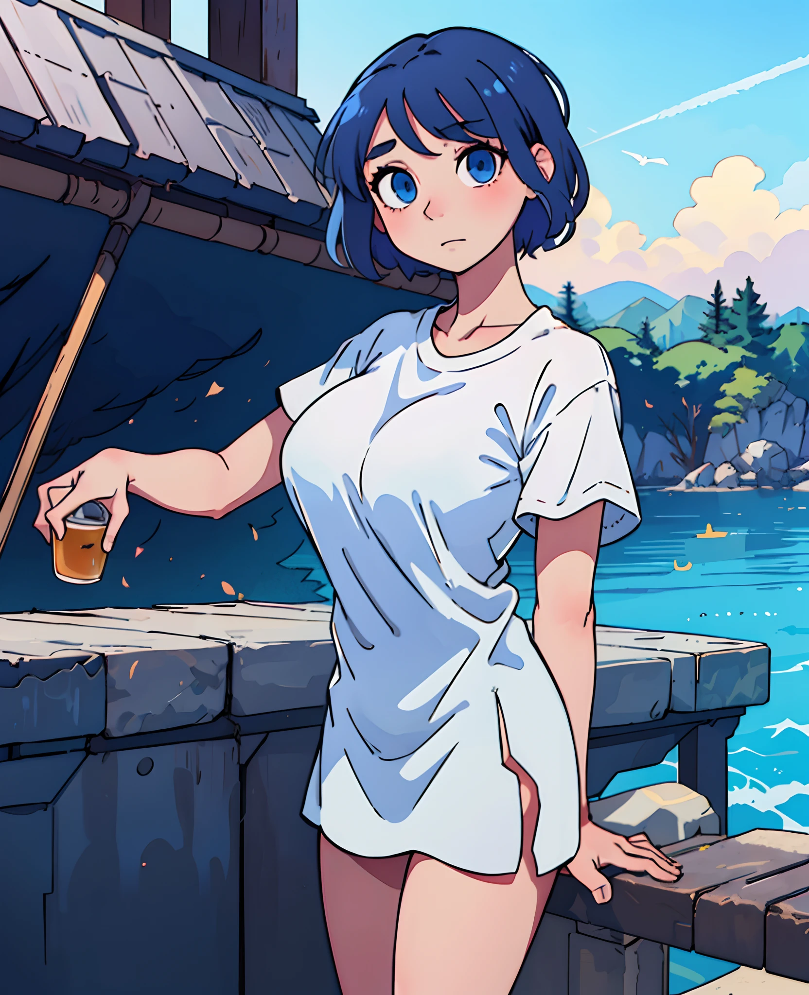 1girl,thin white shirt,big boobs,anime,blue eyes,short blue hair,short,8k