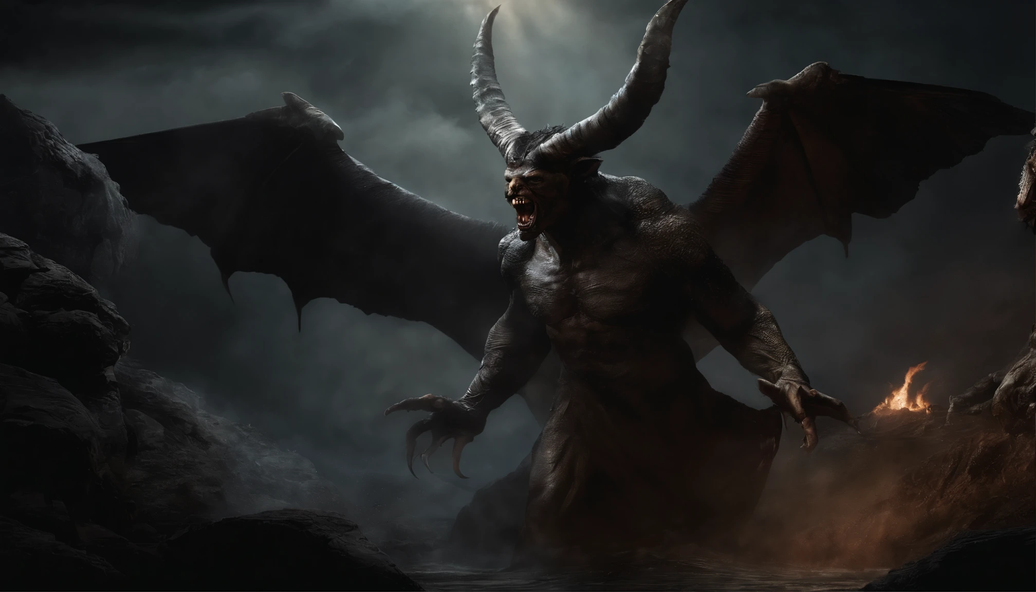 In the dense darkness of an ancient cave, seven terrible creatures from the Bible emerge, illuminated only by a dim and quivering light. On the left hand, The Leviathan, A sea monster with impenetrable scales, ergue-se com olhos flamejantes. Ao seu lado, A Fallen Angel, Lucifer, exibe suas asas negras e um sorriso malicioso. On the right hand, os Cavaleiros do Apocalipse galopam em seus cavalos sinistros - Peste, Fome, Guerra e Morte, each more threatening than the other. Logo abaixo, A horned demon, Belzebu, roars at his grotesque appearance. No centro, the figure of Lucifer emerges, Fallen from the sky, his crumbling angel wings and a look of defiance. This dark and terrifying image captures the essence of the Bible's legendary creatures in all their horror.