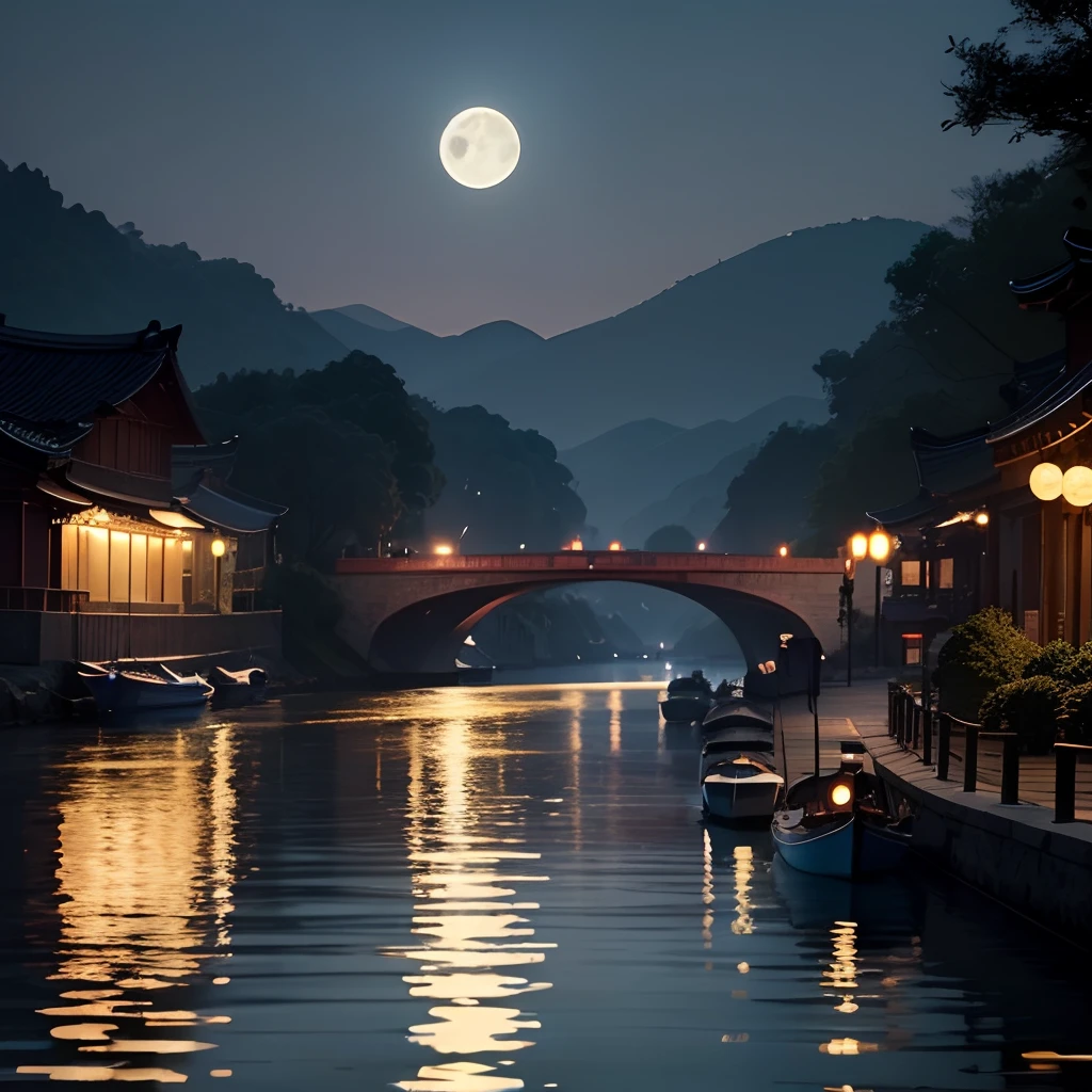 Masterpiece, Best quality, Gangnam water town at night,The moon hangs high,The silver giver lies on the tranquil river,Forming a bright crescent shape。On the river,Sparkling,It was as if every ripple was beating the melody of spring。Both sides of the river,Peach blossom scent,Just like the blue of nature adds a bit of shyness to this spring night。Occasionally,The petals fall in the wind,Gently sprinkle on the surface of the river,Embrace the moonlight。distance,Flat boats rippling in the river,Fishermen on board playing flutes,Melodious melodies dance with the spring breeze。In this harmonious picture,Old charm is intertwined with a modern touch,It seems that everything speaks of a love of life and nature