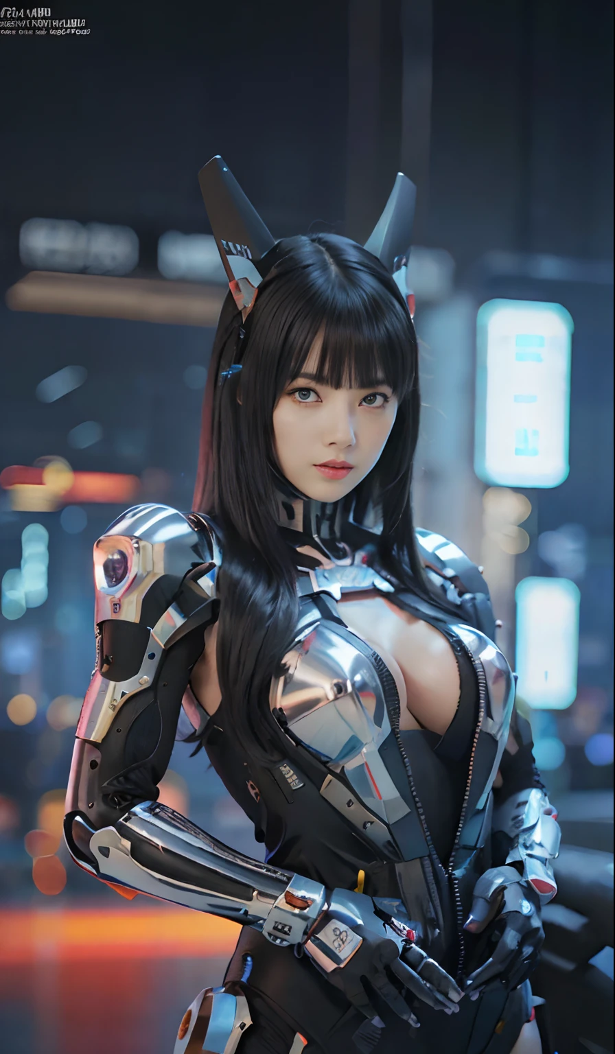 （Fight against mechanical robot soldiers）、top-quality、​masterpiece、超A high resolution、(Futuristic machine gun、holding knive),（Wearing futuristic glasses）、(Photorealsitic:1.4)、Raw photo、女の子1人、Black hair、glowy skin、((1 Mechanical Girl))、((super realistic details))、portlate、（Small LED lamp）、Wire tubes that glow all over the body、(With state-of-the-art weapons),globalillumination、Shadow、octan render、8K、Armpit、ultrasharp、Colossal tits、Small LED lamp、Raw skin is exposed in cleavage、metals、blood vessels connected to tubes、With weapons、Red bodysuit、Armpit、Cyberpunk city background、Details of complex ornaments、Japan details、highly intricate detail、Realistic light、CGSoation Trends、Blue eyes、radiant eyes、Facing the camera、neon details、（Helmet of the Brave）、Mechanical limbs、blood vessels connected to tubes、Mechanical vertebrae attached to the back、mechanical cervical attaching to neck、Wires and cables connecting to the head、Gundam、Small LED lamp、Toostock、Toostock、Futuristic machine gun、Knives、(Silver Metallic Bodysuit),