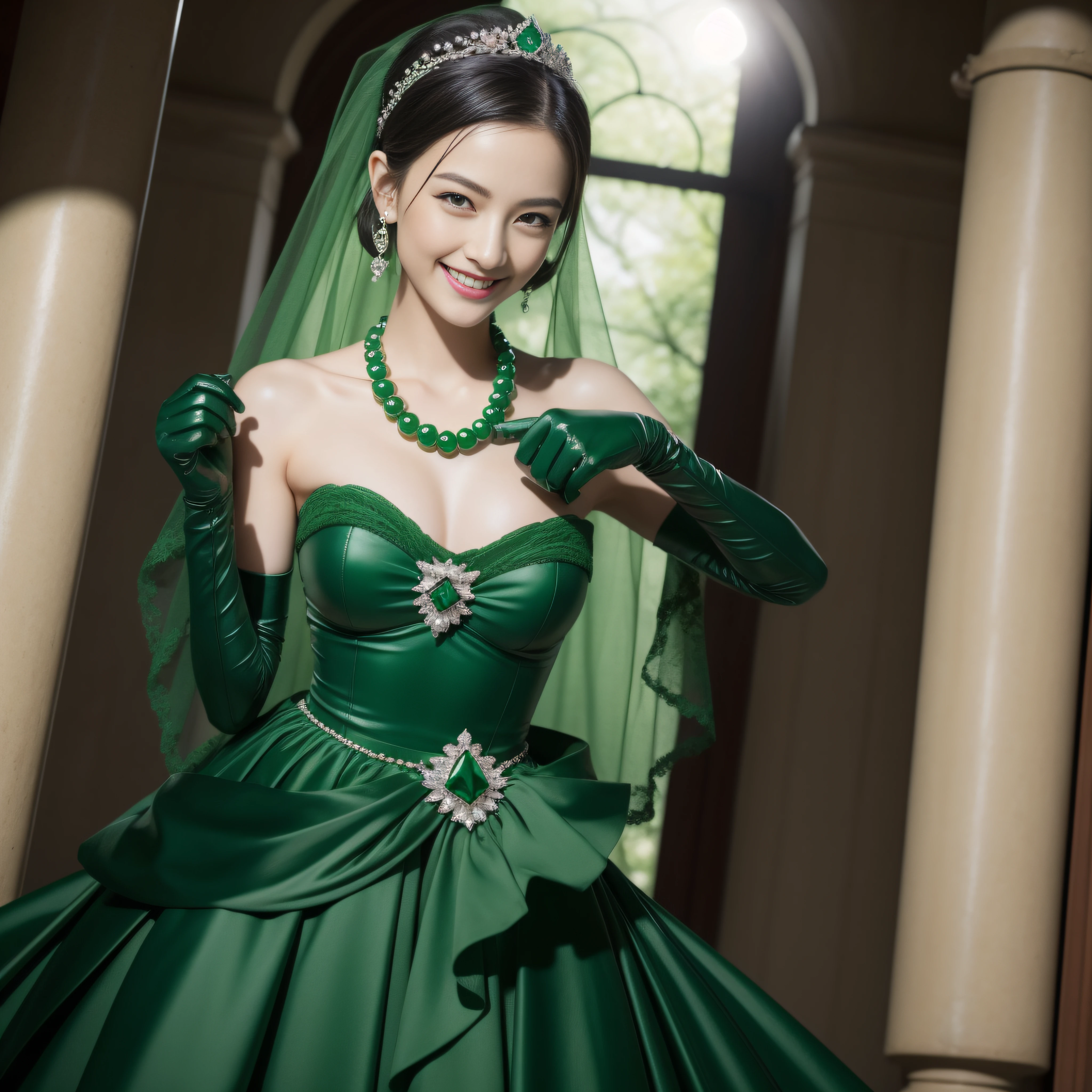 Boyish very short black hair, lipsticks, Japan woman smiling, Green Long Grove, Emerald Tia boyish very short black hair, lipsticks, Japan woman smiling, Satin green long gloves, Green Pearl Necklace, verd s eyes, Green eyes, Long green gloves made of satin material, big breasts beautiful, Green Bridal Veil, Green eyes, Emerald Earrings,emerald tiara, Green eyes