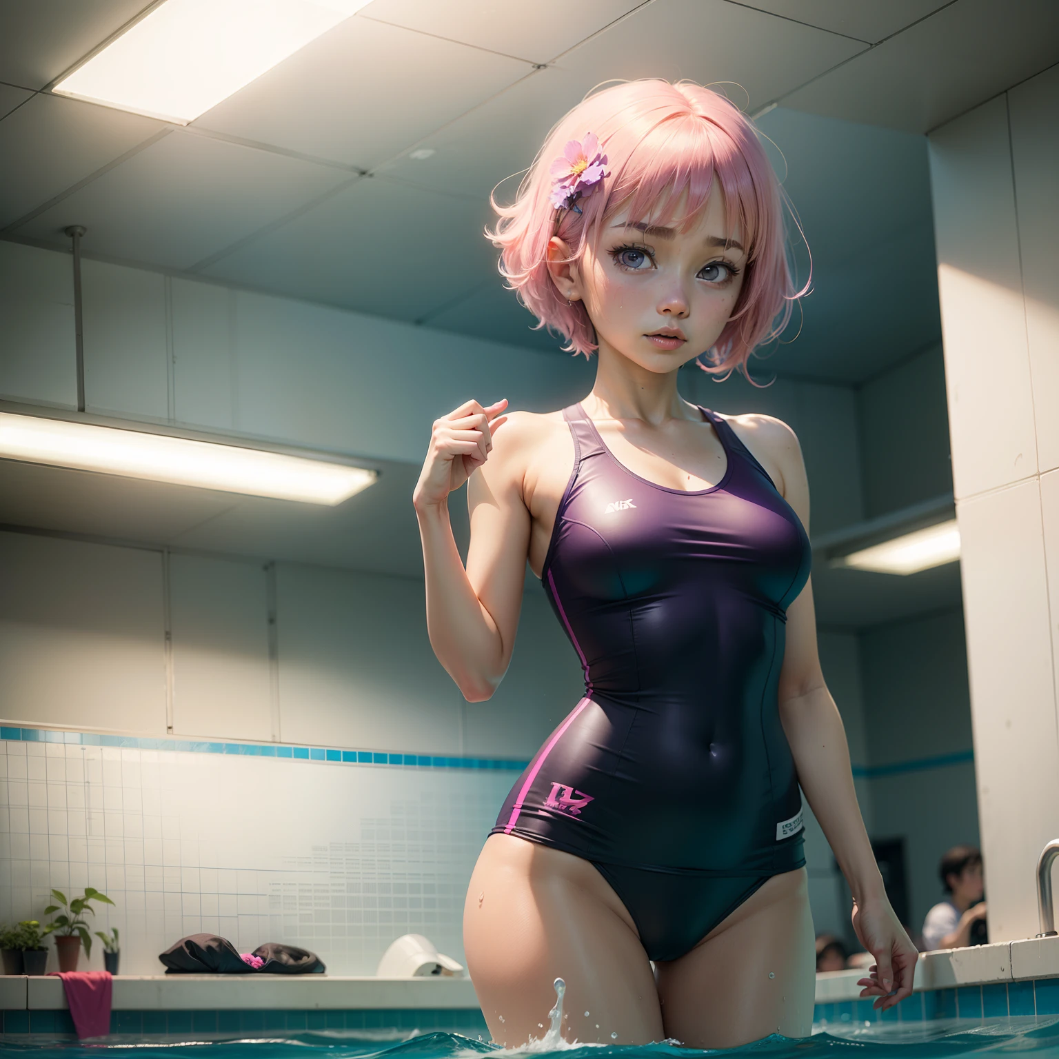 Swimming Lessons,PH Momo, momohd, phmomo, Solo, 1girl in, Pink hair, Purple eyes, Short hair, Hair Flower, Wear a student swimsuit, Big eyes, embarrassed,