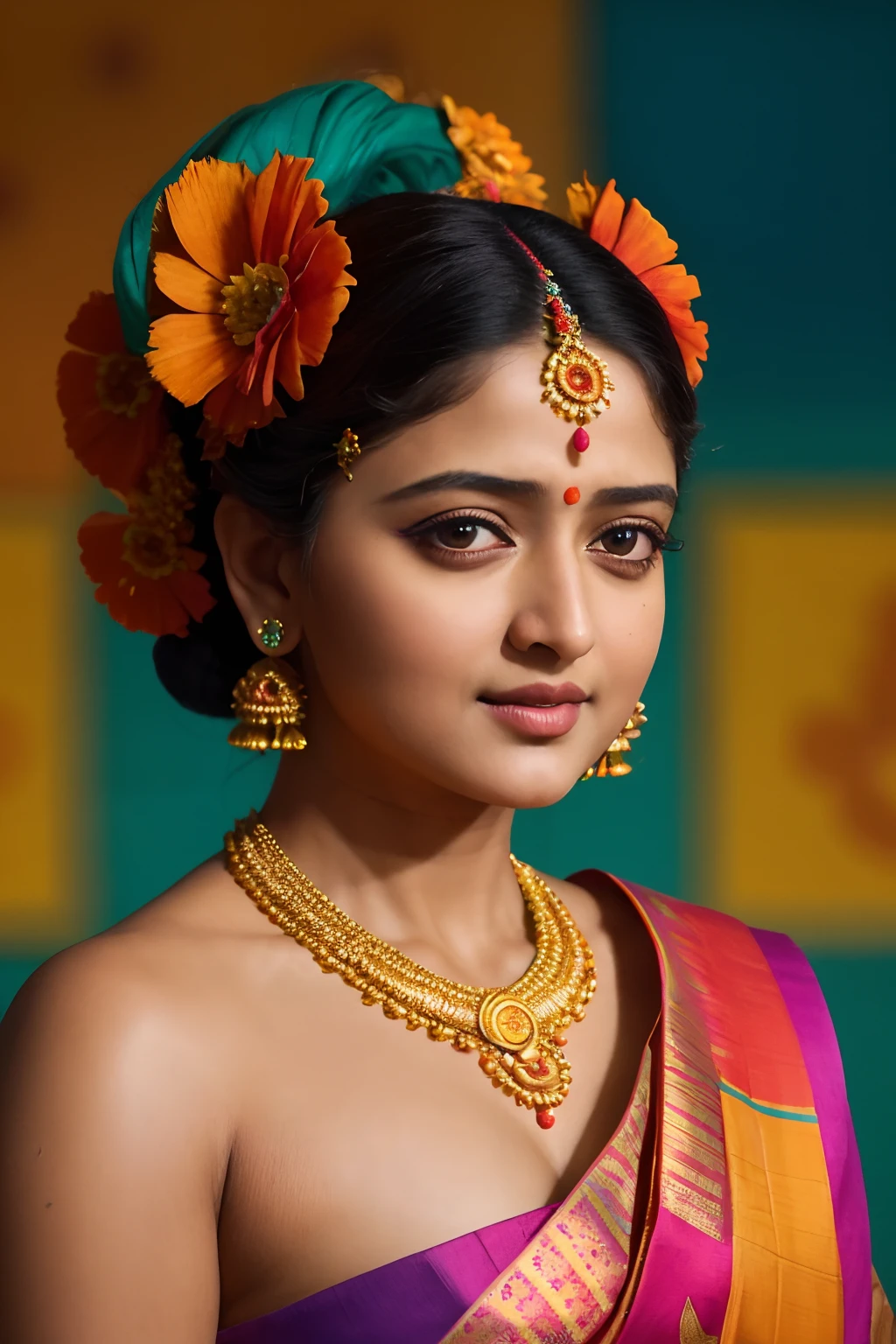 Looks like Anushka Shetty, a close up of a woman in a colorful dress with a flower in her hair, extremely gorgeous woman, matchless beauty, queen, very beautiful enga style, with colourful intricate, candid shot, traditional beauty, candid picture, orange details, wearing intricate, candid portrait photo, with kerala motifs, wearing an elegant tribal outfit, orange and turquoise, orange and teal color, * colour splash *, traditional, stunning visual,