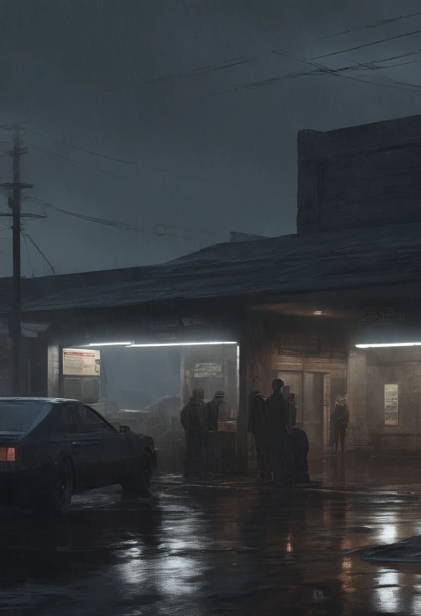 Gloomy night,Heavy downpours poured down,Gas station employees stared indifferently at the protagonist。Completely realistic, Full high resolution, Well made,detail-rich