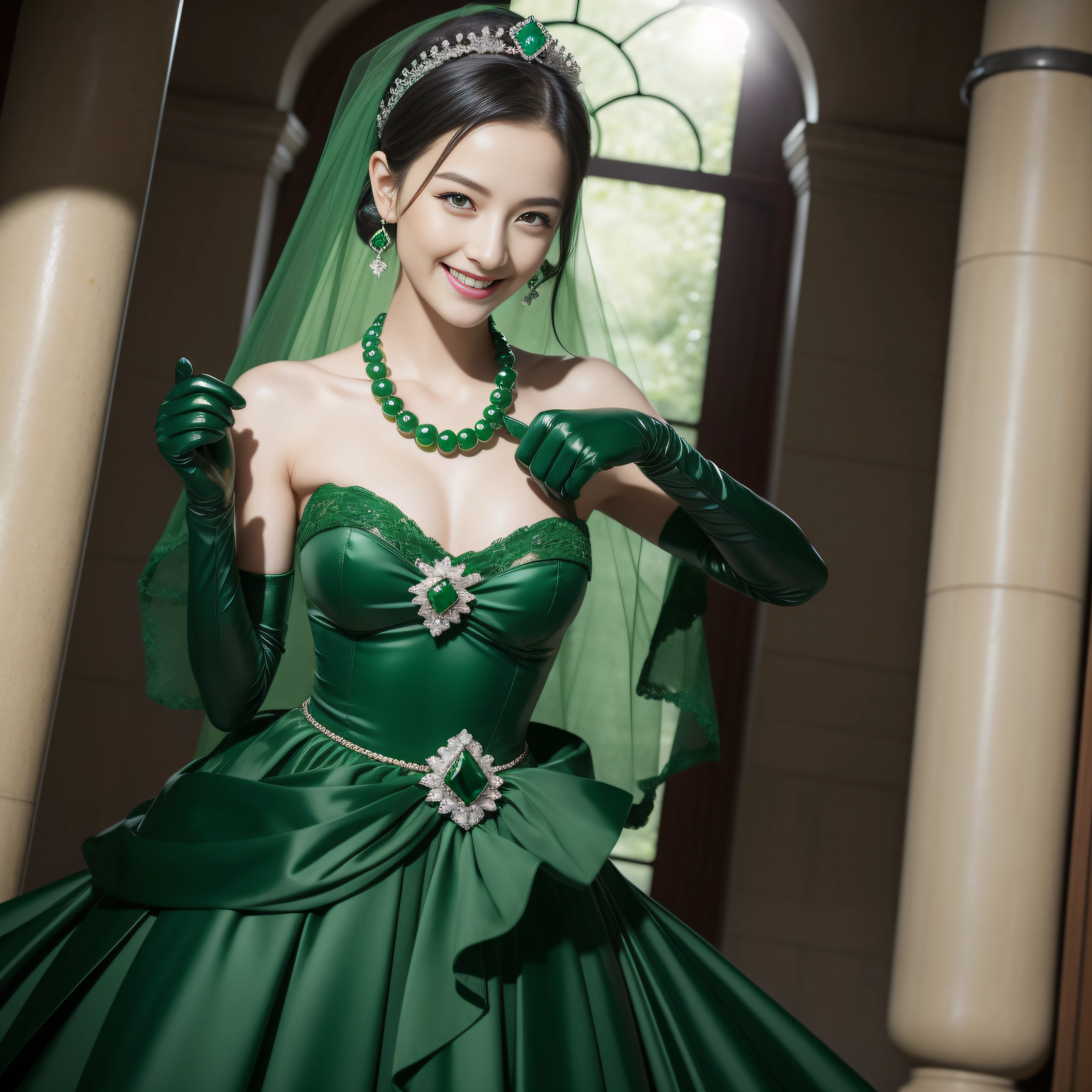 Boyish very short black hair, lipsticks, Japan woman smiling, Green Long Grove, Emerald Tia boyish very short black hair, lipsticks, Japan woman smiling, Satin green long gloves, Green Pearl Necklace, verd s eyes, Green eyes, Long green gloves made of satin material, big breasts beautiful, Green Bridal Veil, Green eyes, Emerald Earrings,emerald tiara, Green eyes
