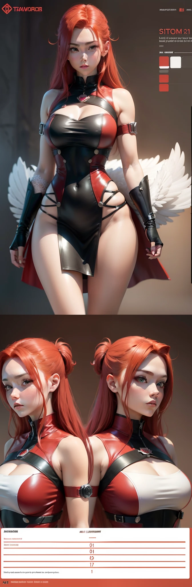 Red hair,Red surrealism, shadowing, character sheets, reference sheet, tachi-e, multiple views, cut-in, three sided view, 8K, Super detail, 1080p, HD, 4K, 8K, 16k, A high resolution, Best quality, High quality, Anatomically correct, Masterpiece, ccurate, hyper HD,plumw,Raised sexy,As graceful as a swan