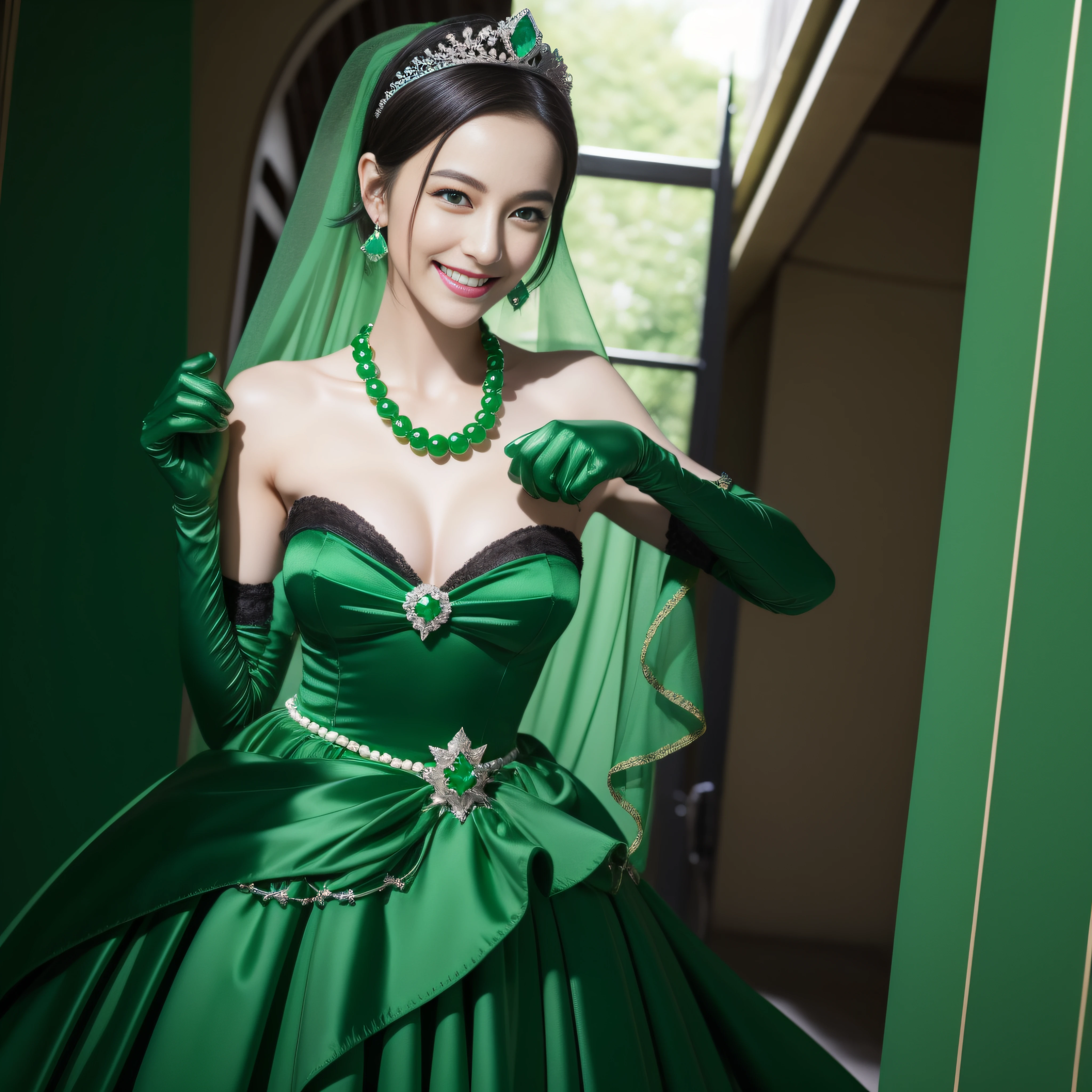 emerald tiara, Green Pearl Necklace, Boyish very short black hair, lipsticks, Japan woman smiling, very short short hair, big breasts beautiful, Green eyes, Long green gloves made of satin material, Green eyes