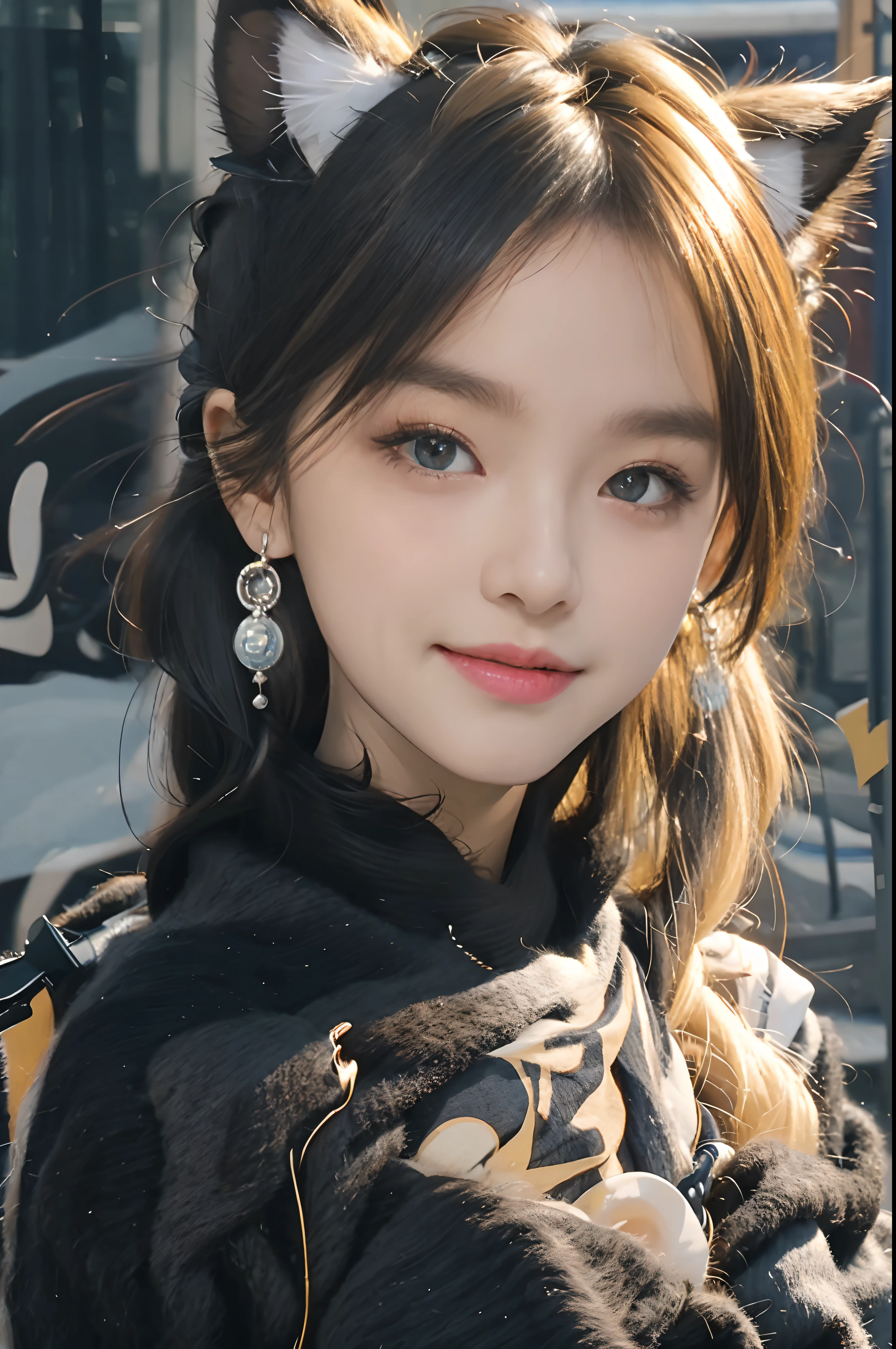 Black hair, hair bobbles, wince, long eyelasher, solid circle eyes, Fake animal ears, Light smile, Ear blush, Fang, Blonde hair, Long hair, ribbon, kanzashi, long eyelasher, aqua eyes, Earrings, Tongue stock, surrealism, shadowing, anaglyph, stereograms, tachi-e, angle of view, Atmospheric perspective, bust chart, first person perspective, Eye level shots, Verism, 8K, Super detail, ccurate, Best quality, hyper HD, Best quality