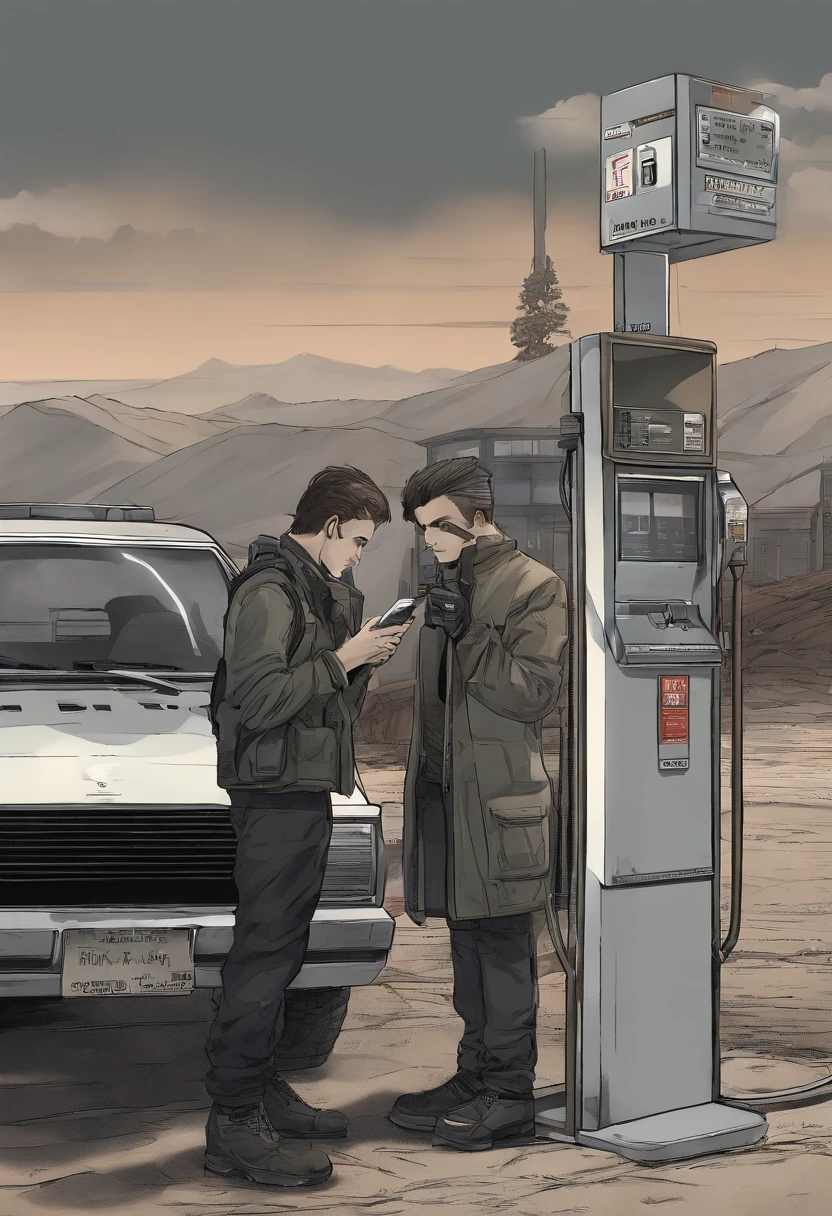 The protagonist asks the gas station employee if he has a mobile phone charger，The employee silently handed him a worn-out charger。。Completely realistic,  Full high resolution, Well made，detail-rich