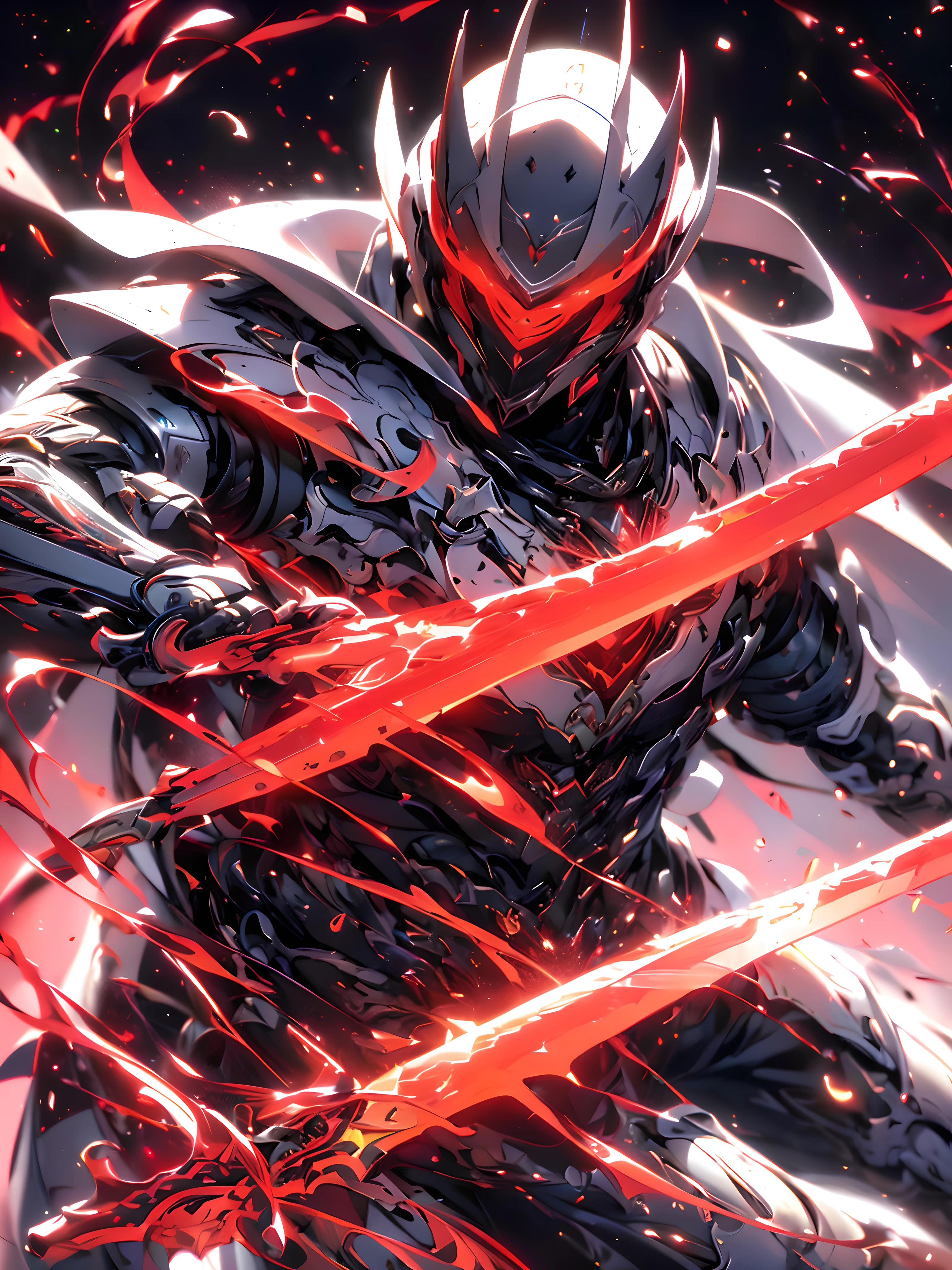 Super realistic, hyper realistic, super detailed, (cybersamurai, 1boy, ((solo)), attacking with red sword, wearing white armor and mask, cape, glowing beautiful red eyes, glow:1.3) (glowing simple black background:1.25),