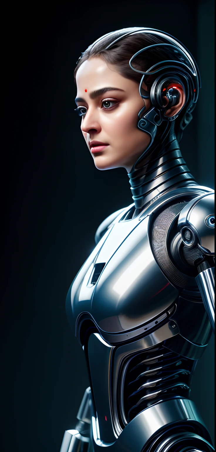 Design a sleek, futuristic female humanoid robot with intricate metallic details and a captivating, symmetrical face reminiscent of Ava from "Ex Machina." Illuminate her with a soft, ethereal glow to emphasize her advanced technology and alluring presence. Incorporate subtle hints of human-like characteristics, such as delicate eyelashes and a subtle smile, to blur the line between machine and human. The robot stands in a modern, minimalist setting, exuding an aura of sophistication and mystery. Capture the essence of artificial beauty and intelligence in a single mesmerizing image.