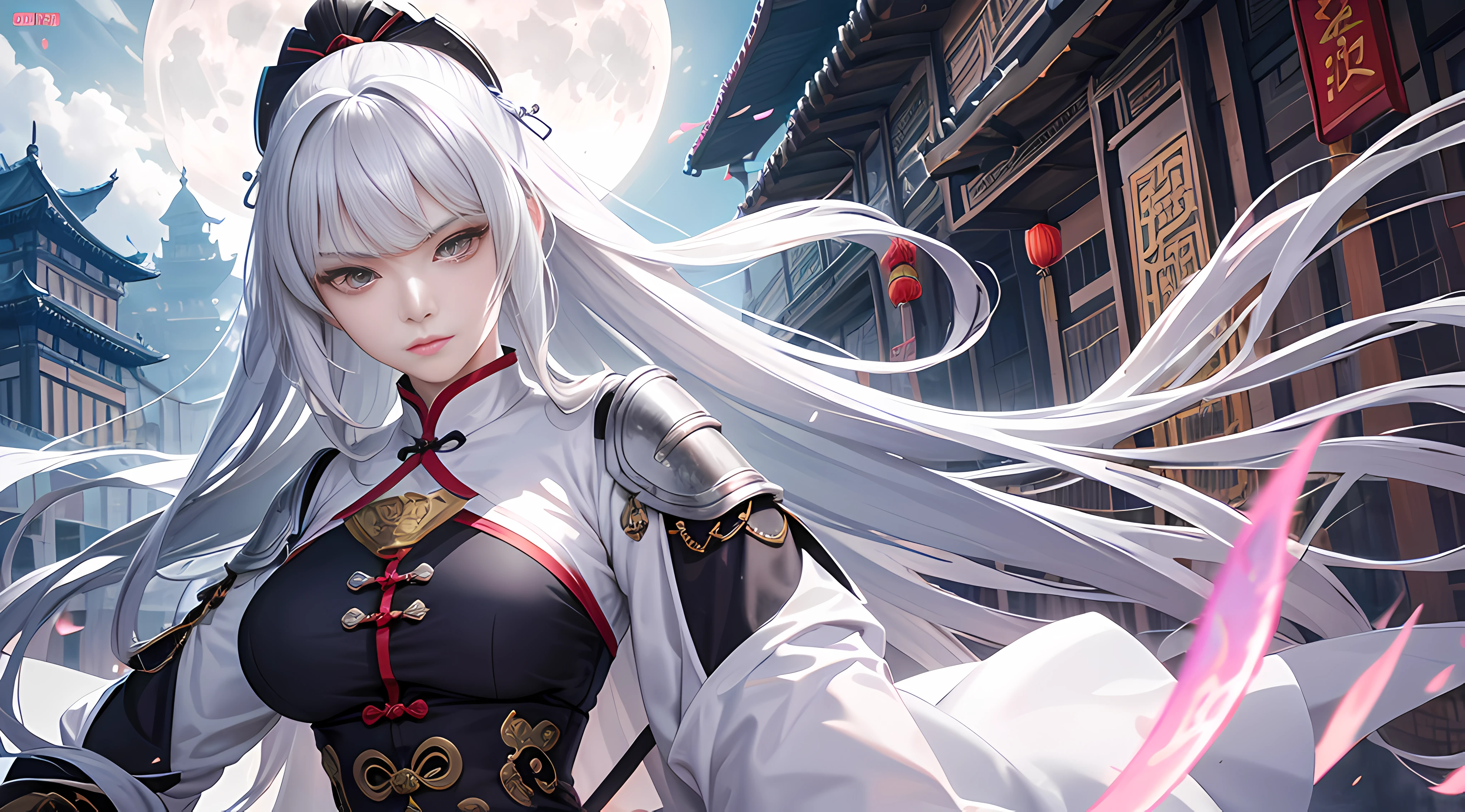 Masterpiece, Superb Product, Night, Full Moon, 1 Woman, Mature Woman, Chinese Style, Ancient China, Sister, Royal Sister, Cold Face, Expressionless, Silver-White Long-Haired Woman, Light Pink Lips, Calm, Intellectual, Three Bands, Gray Eyes, Assassin, Katana
