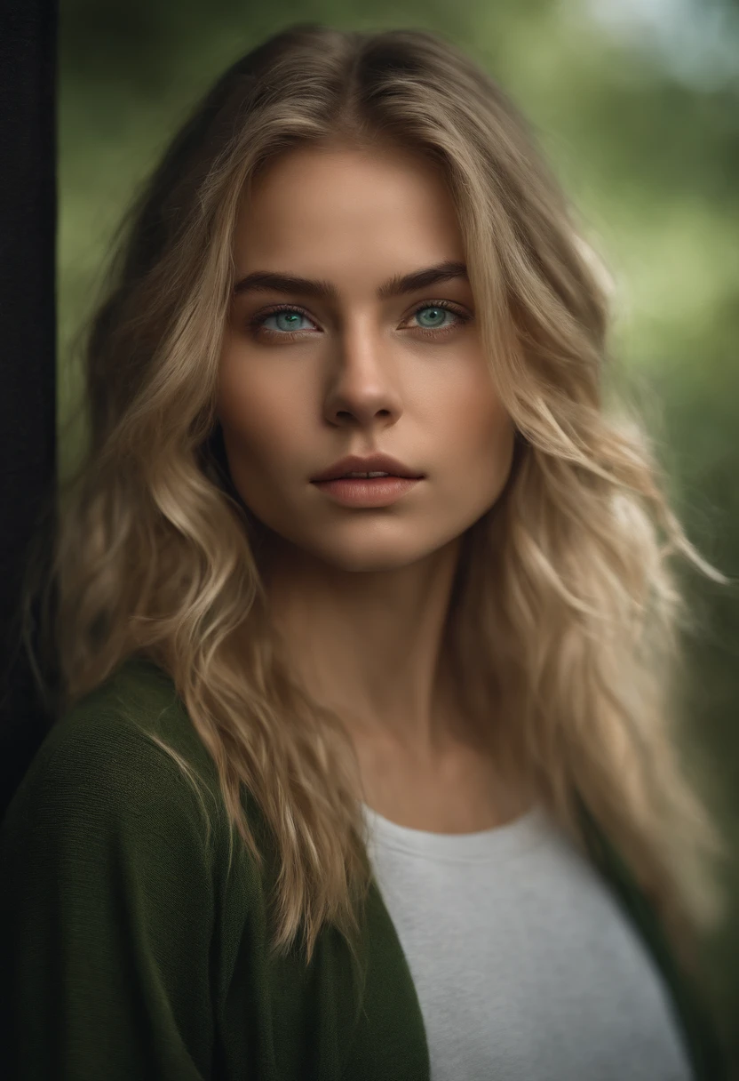 A captivating photograph portraying a 20 year old girl with shoulder-length messy  blonde hair and mesmerizing green eyes. The image, crafted with a keen sense of realism by Greg Rutkowski, showcases intricate details in stunning 8K resolution. in  black sportswear