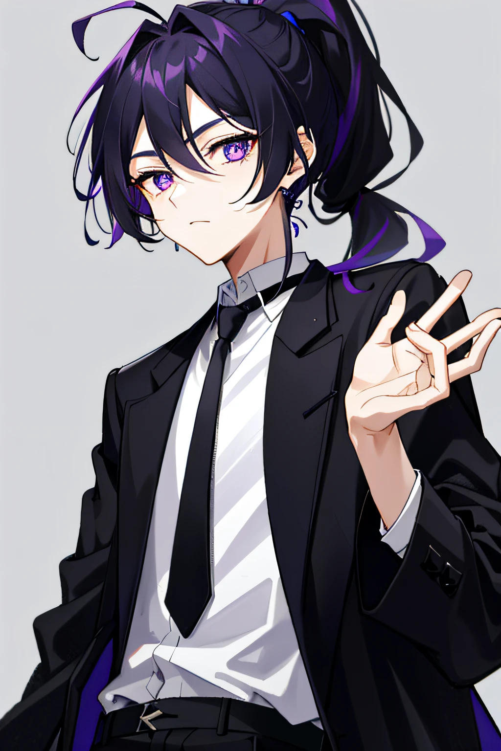 1. Boy Black purple hair, short ponytail, dark purple pupils, moderate height, thin body, long coat, black lining
