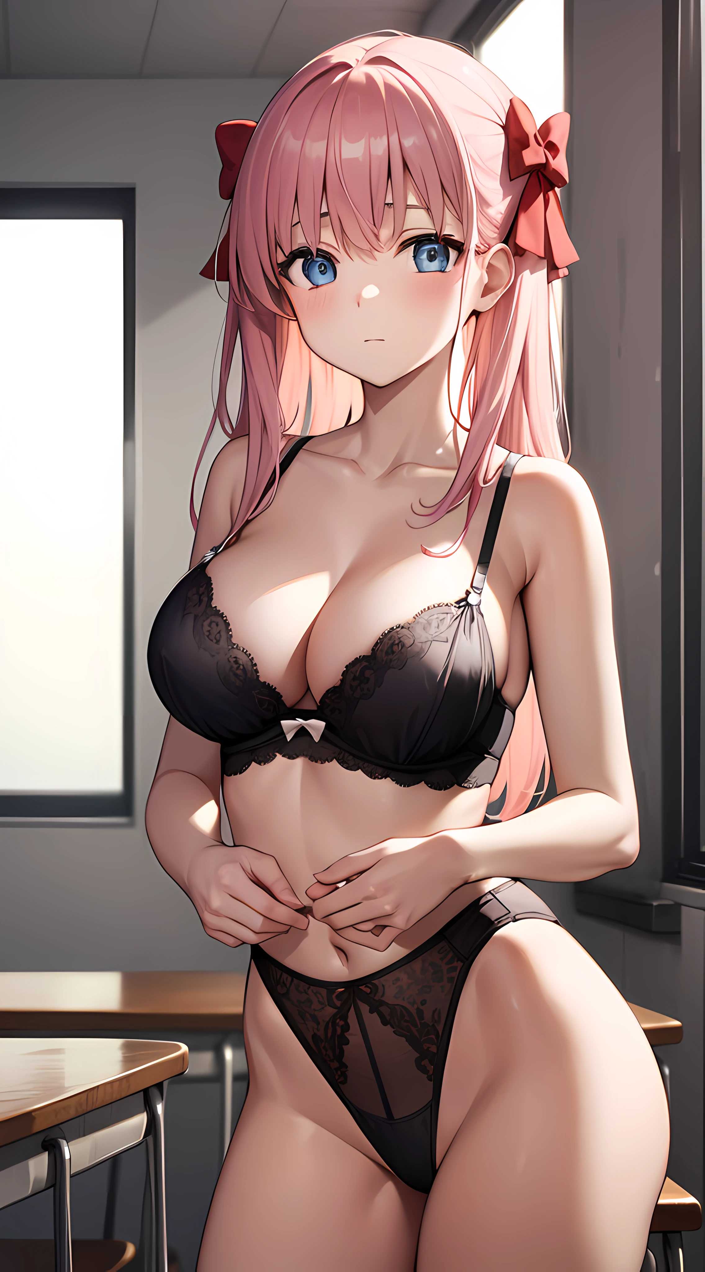 nodokaharamura, nodoka haramura, blue eyes, hair bow, long hair, pink hair, bow, BREAK lingerie, wearing lingerie BREAK looking at viewer, BREAK indoors, classroom, BREAK (masterpiece:1.2), best quality, high resolution, unity 8k wallpaper, (illustration:0.8), (beautiful detailed eyes:1.6), extremely detailed face, perfect lighting, extremely detailed CG, (perfect hands, perfect anatomy),