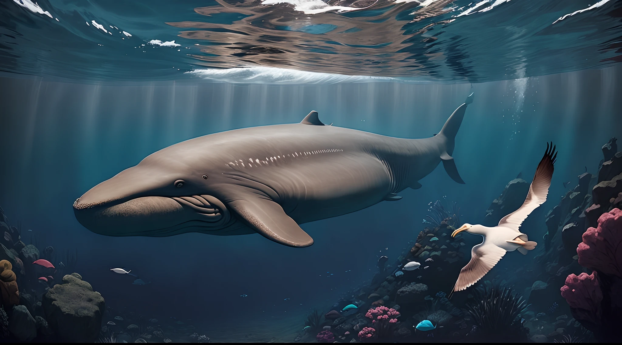 sperm whale with an albatross