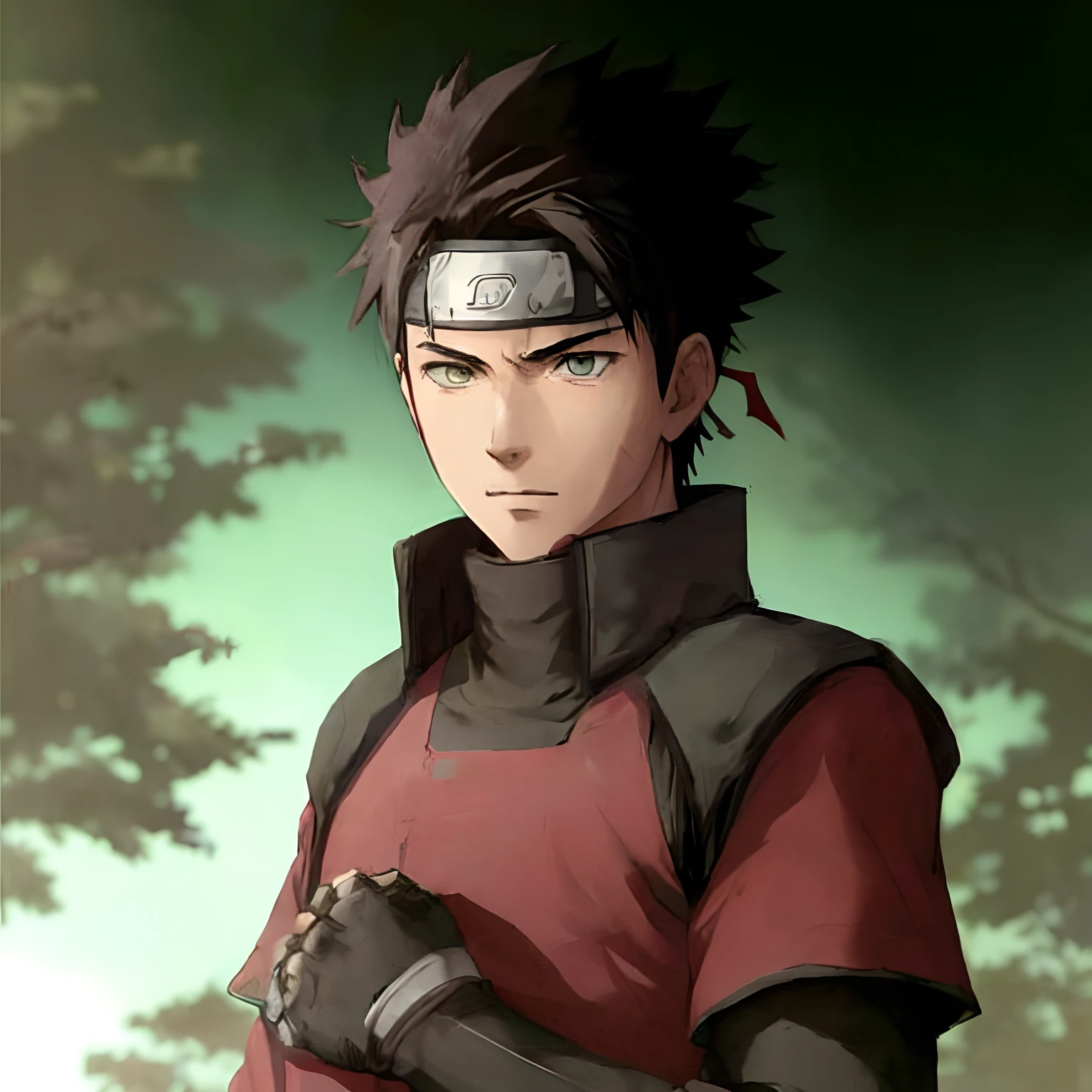 Anime man with black hair and a blue jacket pointing at his head, with his index finger, inspired by Kiba Inuzuka, inspired by Naruto Uzumaki, Hashirama senju, Otaku Gangasta, tall anime guy with green eyes, with a red shirt and black gloves holding a sword, itatchi uchiha, red stripe on the cheek, tachi, kakashi hatake, sasuke uchiha, Shinobi, naruto artstyle, serious face, very detailed, black hair, ninja style, art similar to Masashi Kishimoto's drawings, teenager, eighteen-year-old adult years, Inuzuka clan, art Massashi Kishimoto, Kiba Inuzuka, Young adult, anime, background of a forest, well wooded, only 1 person generated