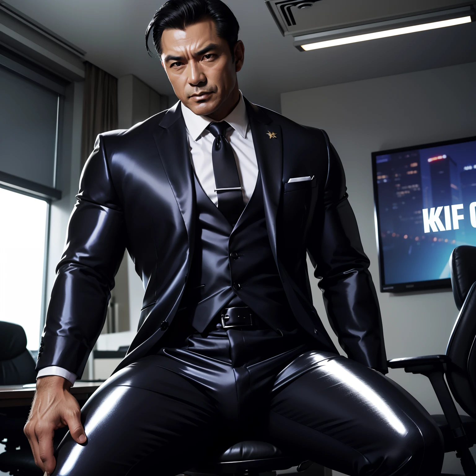 50 years old,daddy,shiny suit sit down,k hd,in the office,muscle, gay ,black hair,asia face,masculine,strong man,boss sitting erotic