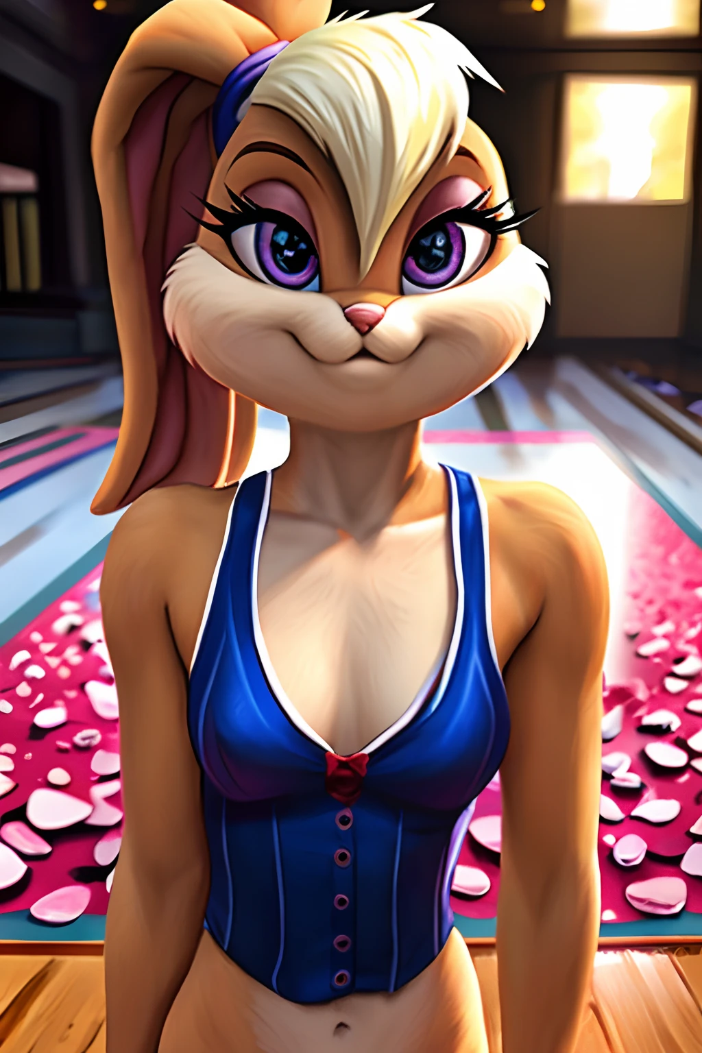 (best quality, masterpiece:1.2, ultra-realistic), 1 beautiful and delicate portrait of a girl, Playful and cute, with floating petals in the background, oil painting, extremely detailed eyes and face, long eyelashes, Lola bunny as a schoolgirl, full body, bimbo