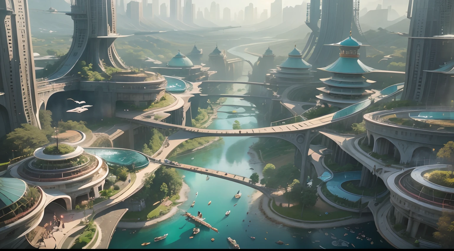 tmasterpiece,16k,UHD resolution,Detailed depiction,photorealestic,realisticlying,Very realistic,super wide shot,depth of fields,Foto realism, The ultra-detailliert,The future city,Green environmental protection,mont,Eau,waterfallr,florals,blue-sky,baiyun,Beautiful surroundings,Oriental ancient architecture and future technology integration,Chinese garden art,Small flying machines sail around the city,in fantasy sci - fi city, Beautiful futuristic city, Utopian cities of the future, Conceptual image 16K resolution, concept art 8k resolution,Conceptual diagram 16K, sci-fi hollywood concept art