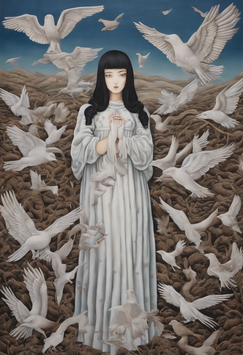 arafed image of a girl standing in front of dead bodys and birds flying around, gigantic breasts, horror manga, junji ito artwork, ito junji art, subtle junji ito, junji ito style, art style of junji ito, pixivs and junji ito, junji ito undertones, junji ito 4 k, in berserk manga, penisart,