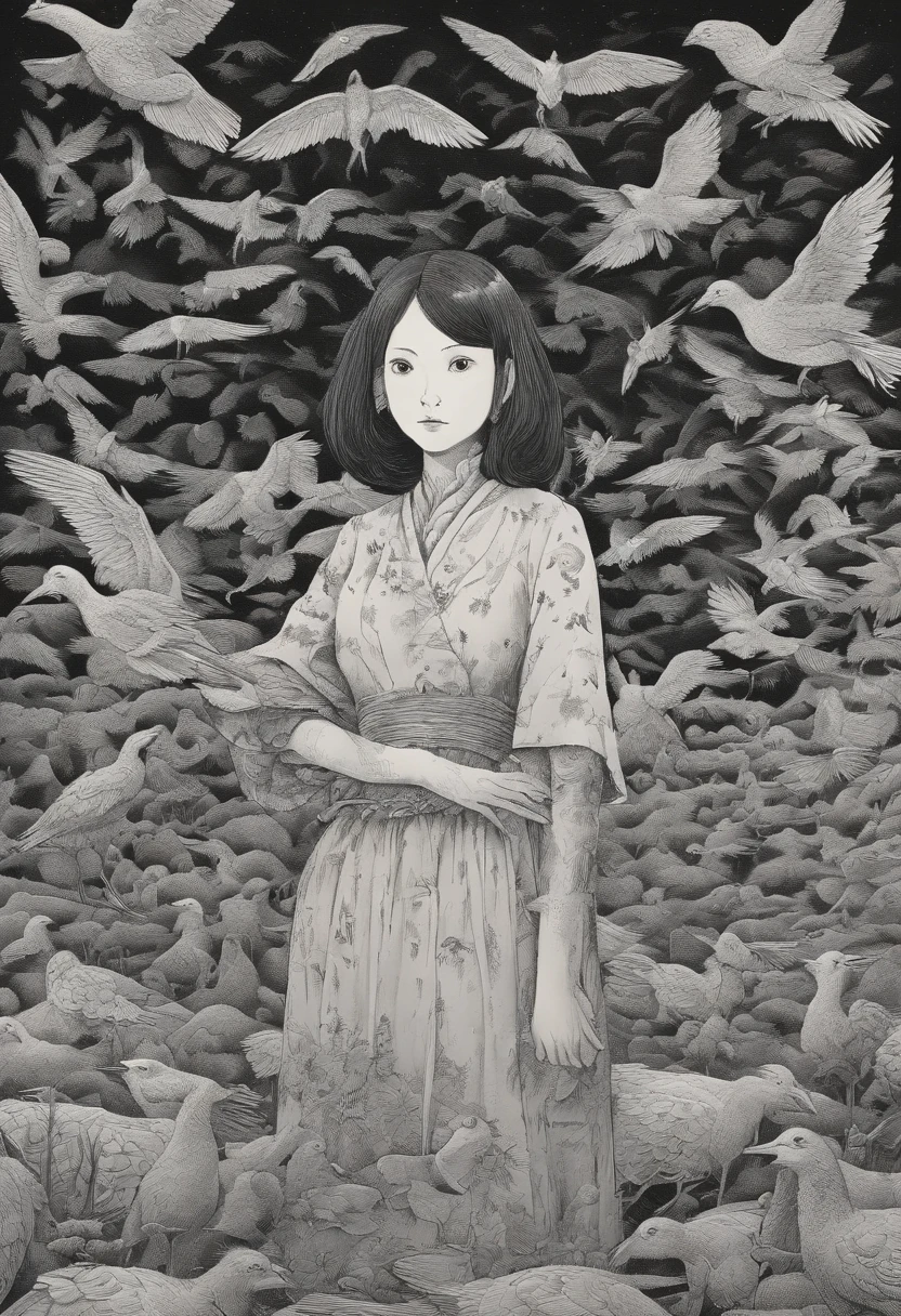 arafed image of a girl standing in front of dead bodys and birds flying around, gigantic breasts, horror manga, junji ito artwork, ito junji art, subtle junji ito, junji ito style, art style of junji ito, pixivs and junji ito, junji ito undertones, junji ito 4 k, in berserk manga, penisart,