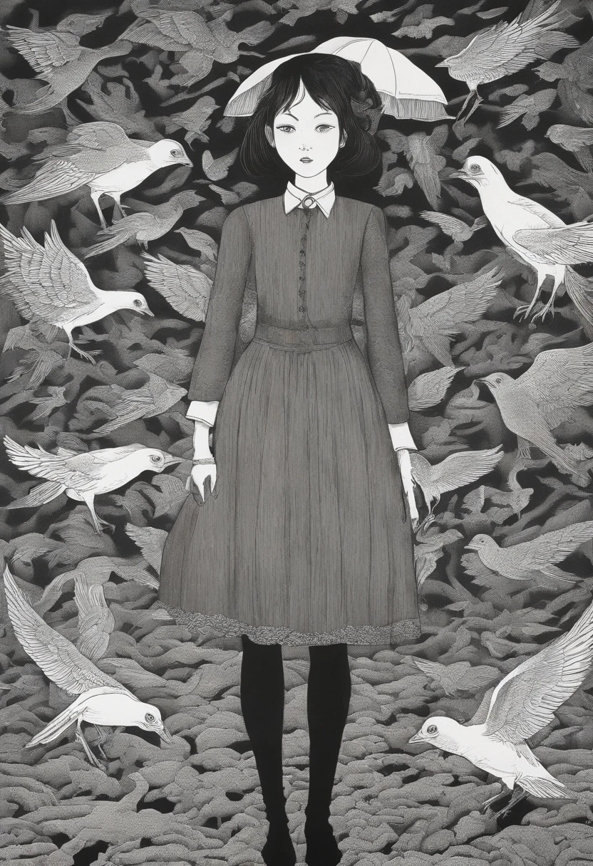 arafed image of a girl standing in front of dead bodys and birds flying around, gigantic breasts, horror manga, junji ito artwork, ito junji art, subtle junji ito, junji ito style, art style of junji ito, pixivs and junji ito, junji ito undertones, junji ito 4 k, in berserk manga, penisart,