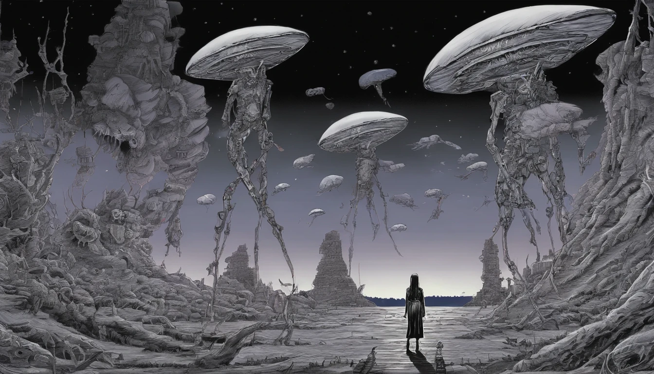 (superflat, flat shading, flat colors:1.1), 1girl, naked, bottom, lying in a desert, from behind, anime, zdzislaw beksinski, jacek yerka, salvador dali, cold, starry skies, cosmos, tribal, dark