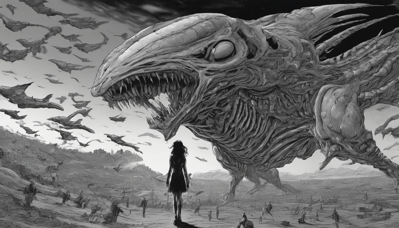 arafed image of a girl standing in front of dead bodys and birds flying around, gigantic breasts, horror manga, junji ito artwork, ito junji art, subtle junji ito, junji ito style, art style of junji ito, pixivs and junji ito, junji ito undertones, junji ito 4 k, in berserk manga, penisart,