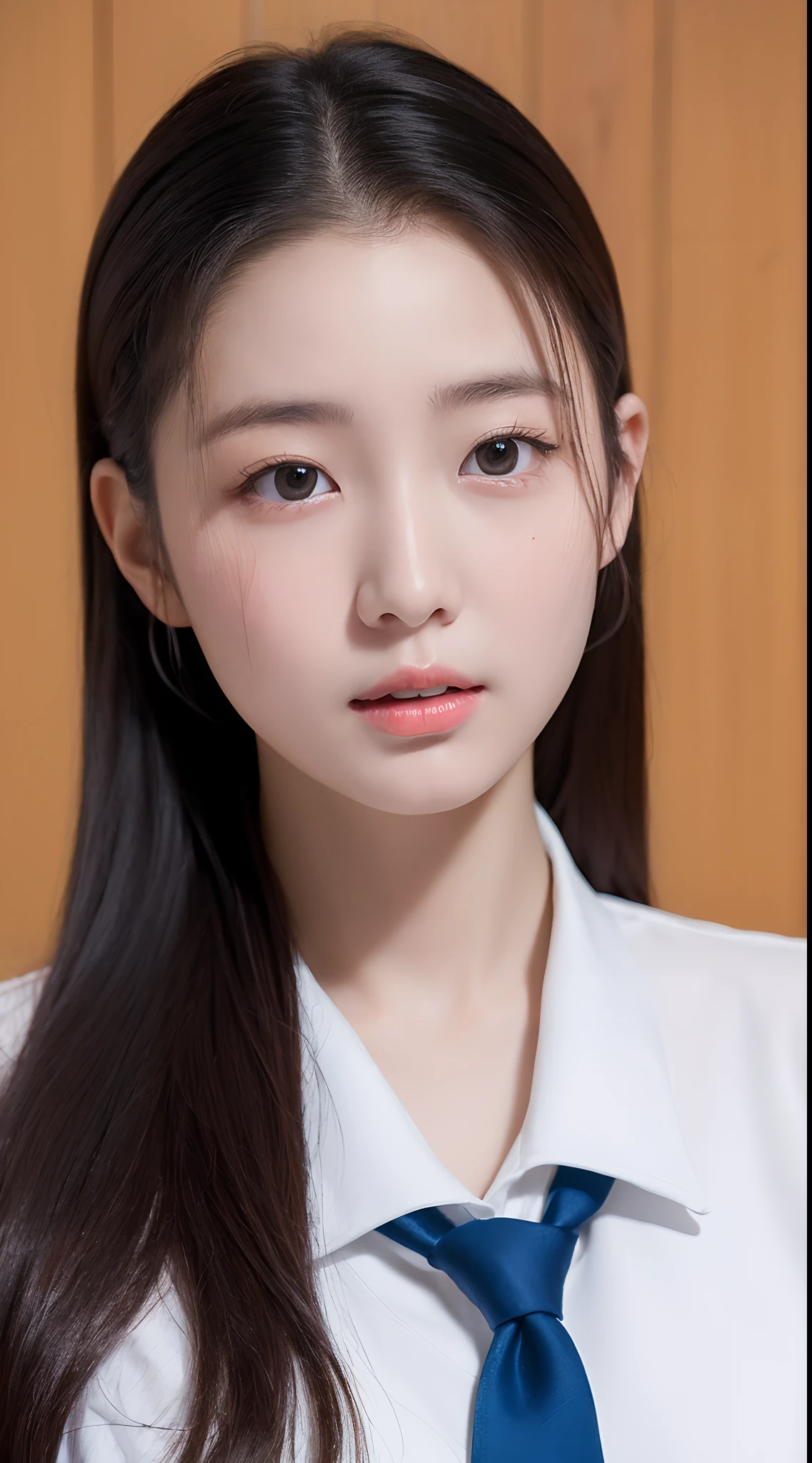 realistic photos of 1 cute Korean star, hair pulled back, white skin, thin makeup, 32 inch breasts size, wearing waist tie top, in the classroom, close-up portrait, UHD