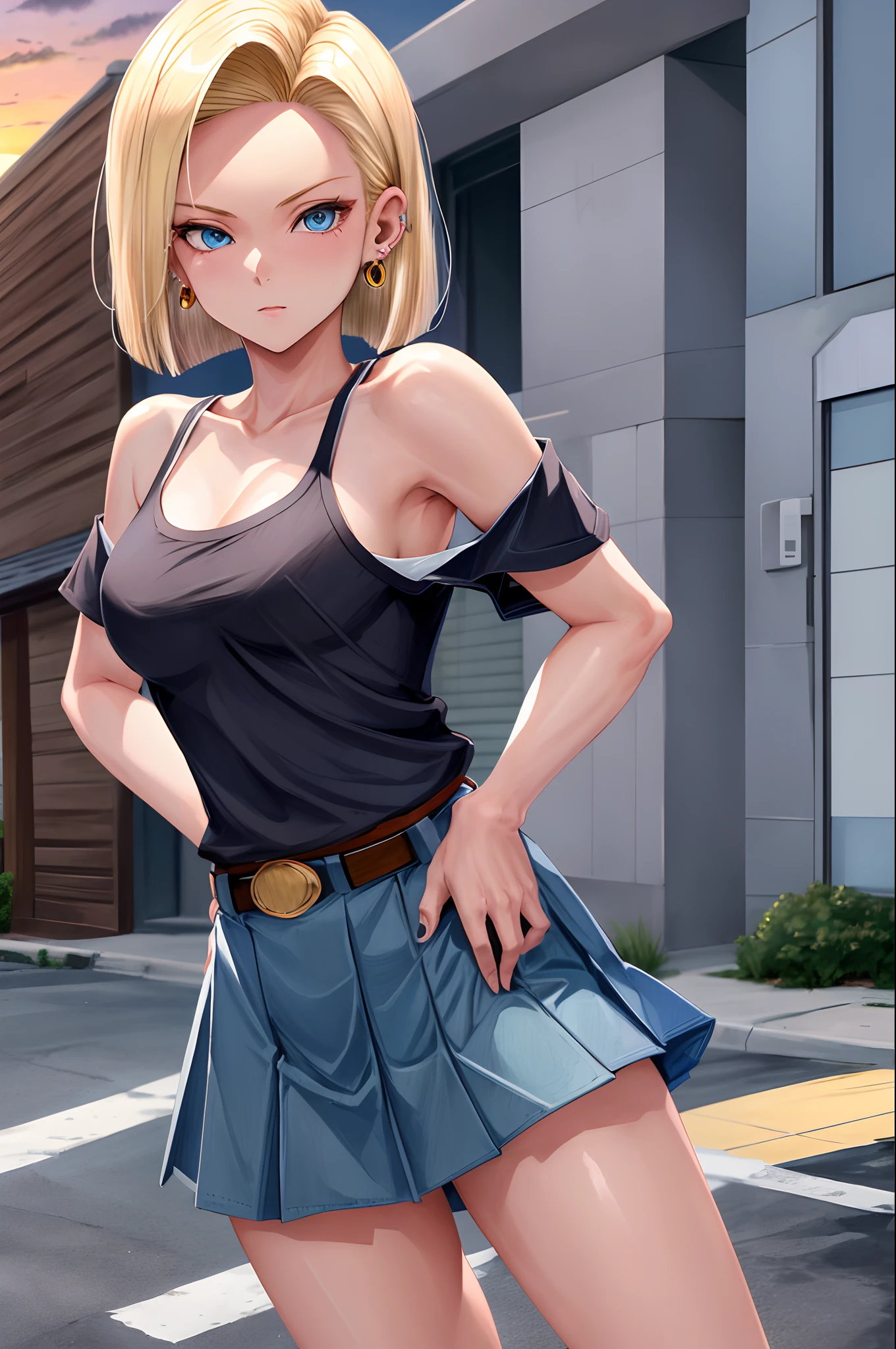 best quality, highres, and18, 1girl, android 18, solo, blonde hair, blue eyes, short hair, earrings, jewelry, medium breasts, cowboy shot, street, (mini school uniform), mini skirt off-the-shoulder, sunset,