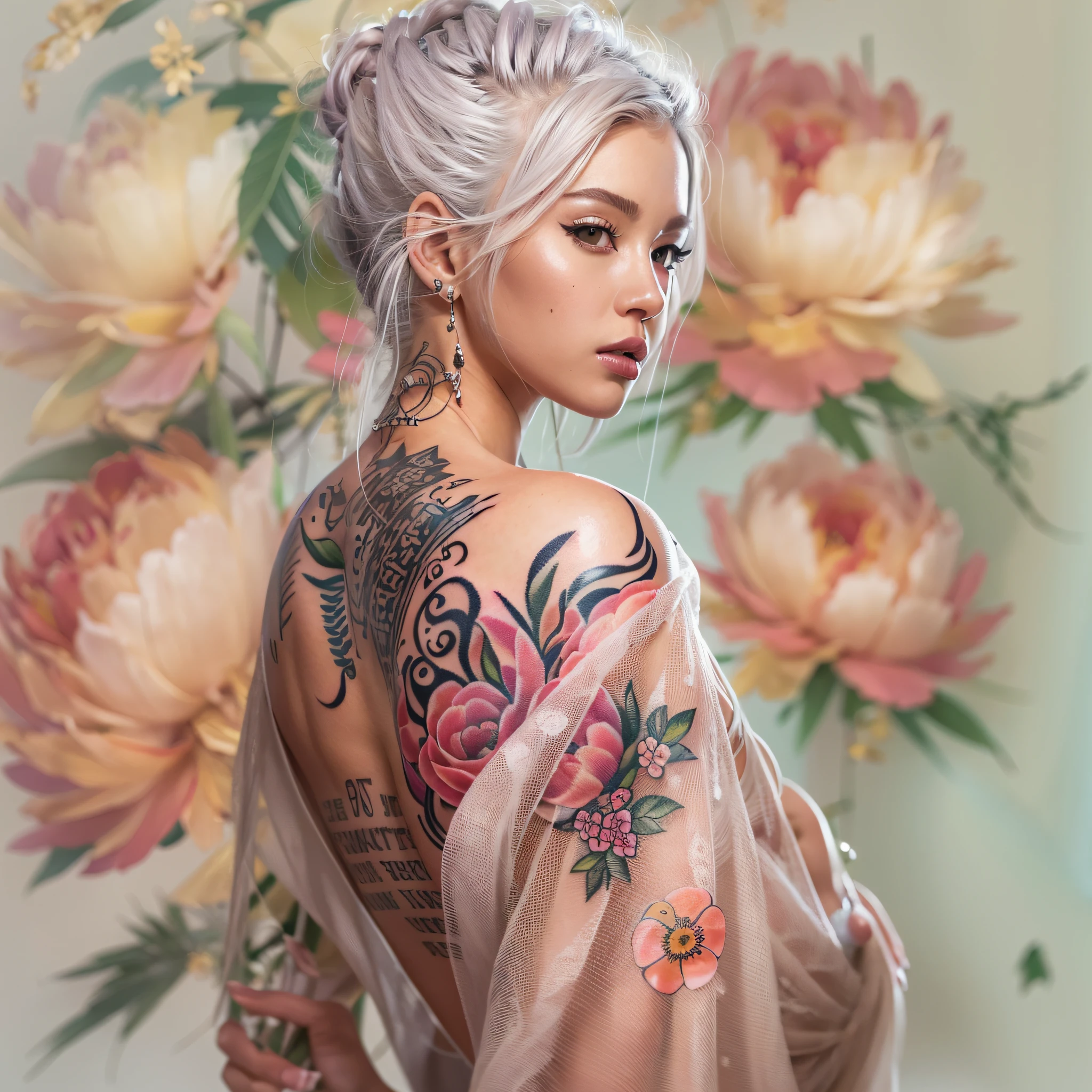 Masterpiece, high resolution,best quality,high definition, perfect composition, perfect face, perfect body, 8K,Cinematic lighting,Pink kimono,Off-Shoulder,large breasts,navel,collarbones,(Full body tattoo),Tattoo peony,Silver-haired woman,1人,Where you can see the skin, there is a tattoo,biopunk,