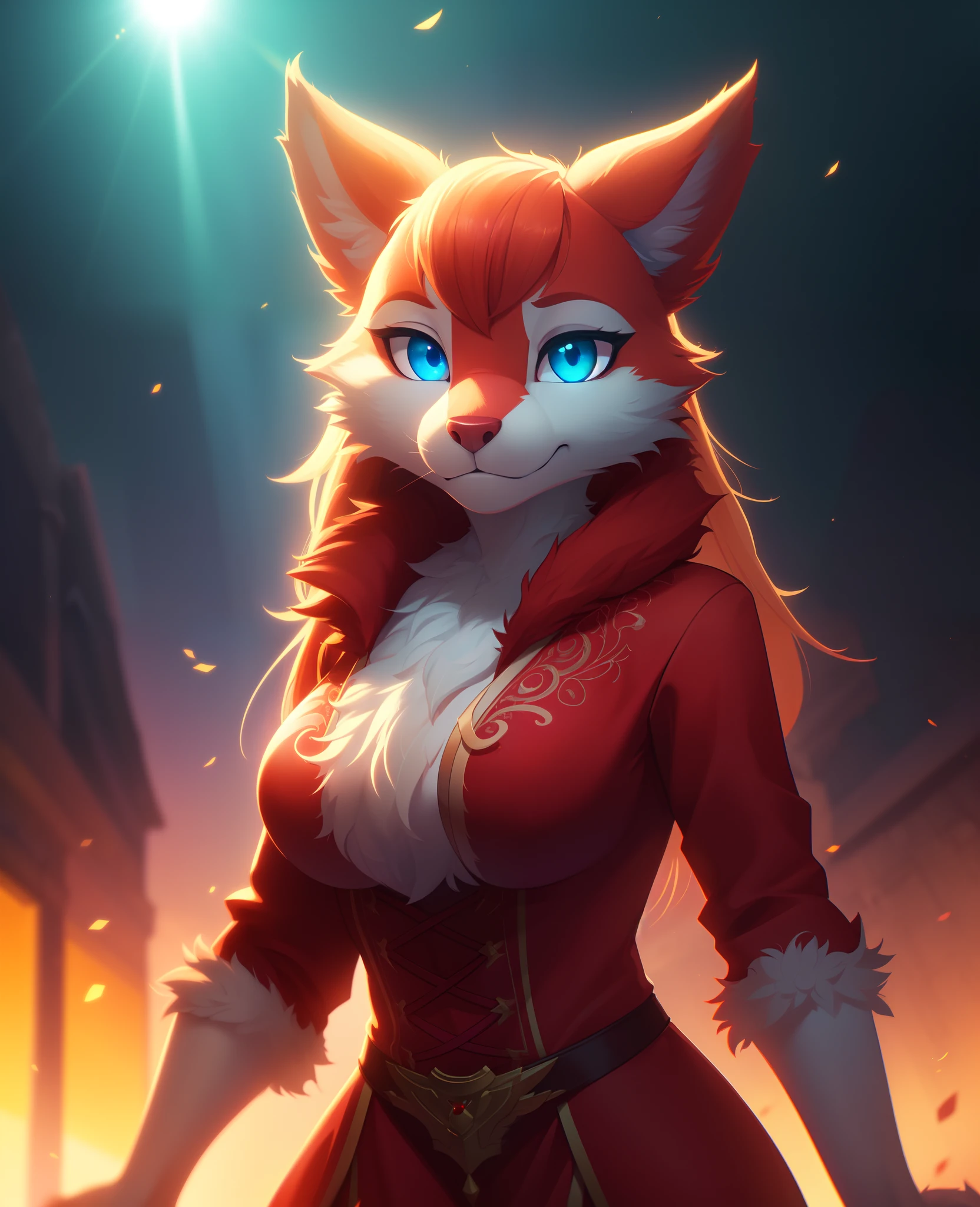 (best quality, highest quality, digital art, intricate, highres, 8k, anthropomorphic, furry, uploaded_on_e621:1.4), beautiful mature female anthro, furry, fuzzy, red dress, furry body, red fur, white fur, detailed body fur, detailed face, beautiful blue eyes, snout, masterpiece, best quality, absurdres, hdr, cinematic lighting, high contrast, subsurface scattering, bloom, chromatic aberration, lens flare, a1 pictures style, pixar style, by sam yang, by Daniel Bel, by Paula Lucas