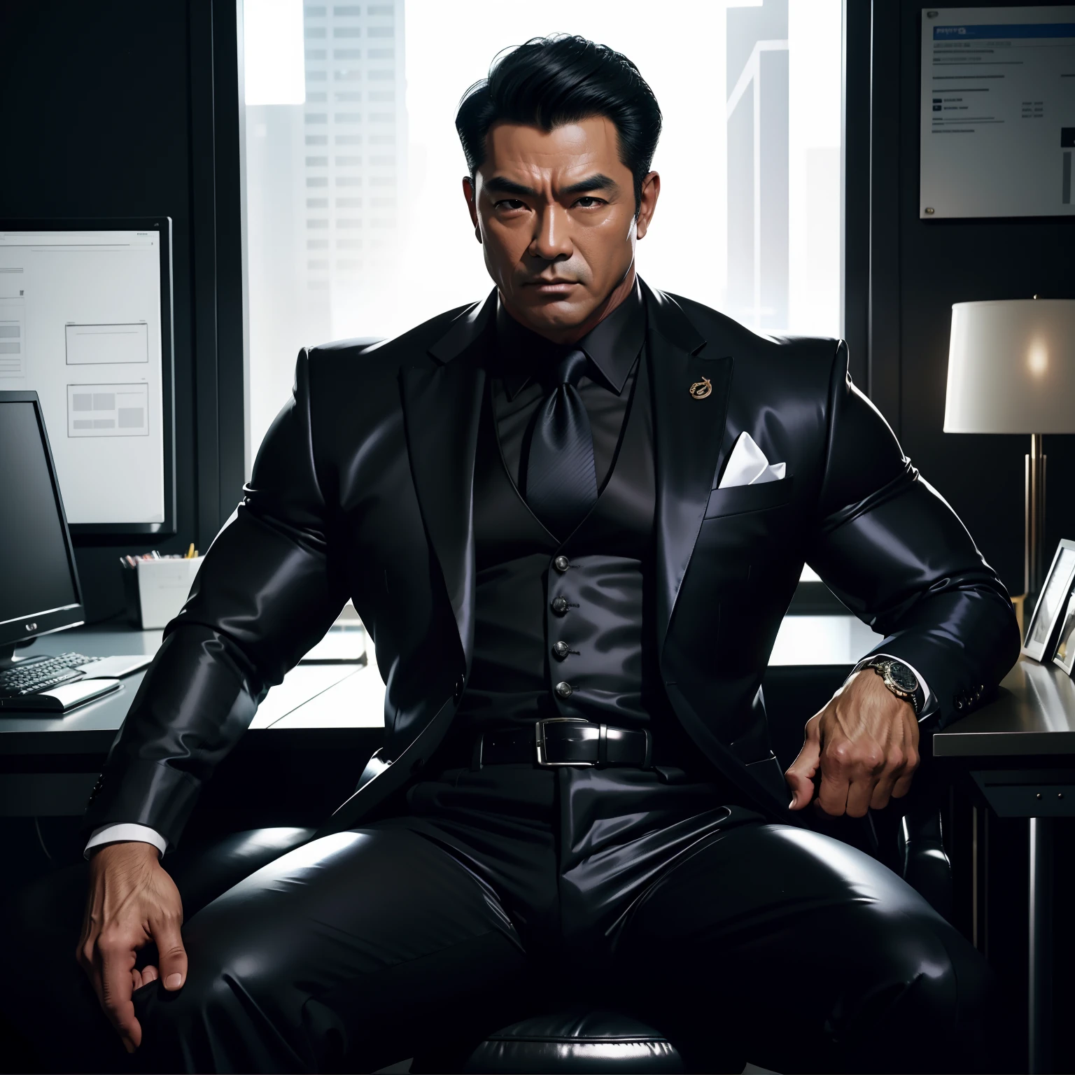 50 years old,daddy,shiny suit sit down,k hd,in the office,muscle, gay ,black hair,asia face,masculine,strong man,boss sitting erotic
