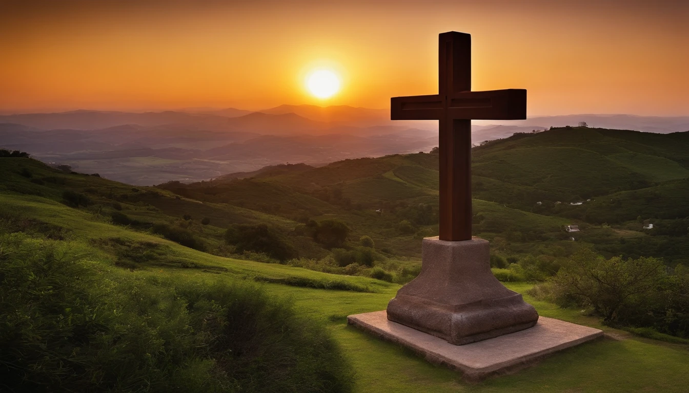Cross where Jesus was crucified in high definition with the sunset in the background , paisagem realista, coroa de espinhos na cruz