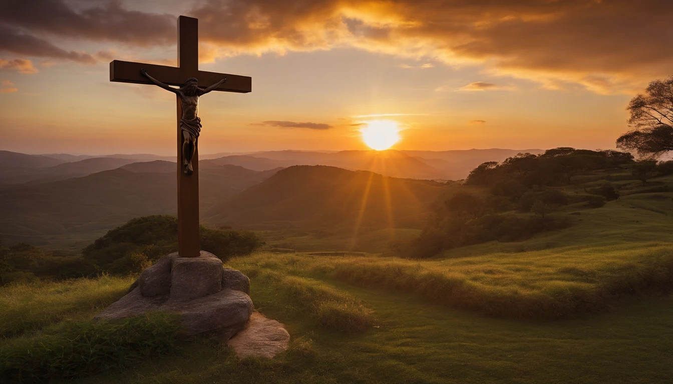 Cross where Jesus was crucified in high definition with the sunset in the background , paisagem realista, coroa de espinhos na cruz
