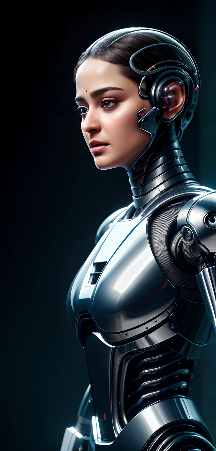 A woman who was transformed into a robot　Mechanical body　Expressionless　Behind her stands the middle-aged man who created her.　Research Room, UHD, retina, masterpiece, accurate, anatomically correct, textured skin, super detail, high details, high quality, award winning, best quality, highres