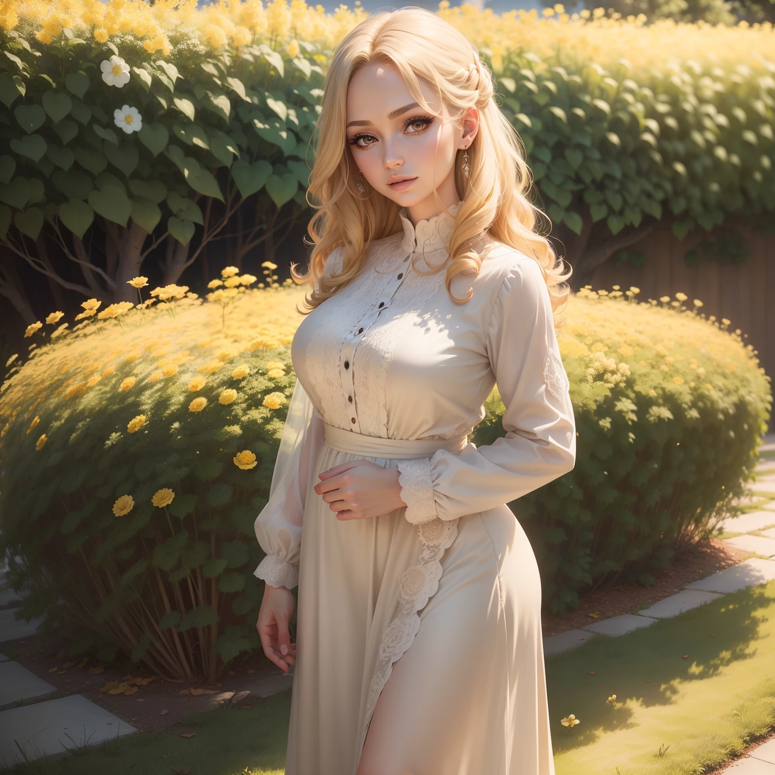 (masutepiece:1.2), (Best Quality:1.2), Full body portrait,Perfect eyes, Perfect face, Perfect Lighting, 1girl in, Mature woman in the field, medium blonde hair, Curly hair, detailed  clothes, Detailed outdoor background, makeup, eyeshadows, thick eyelashes, Fantasy, Looking at the viewer, spring