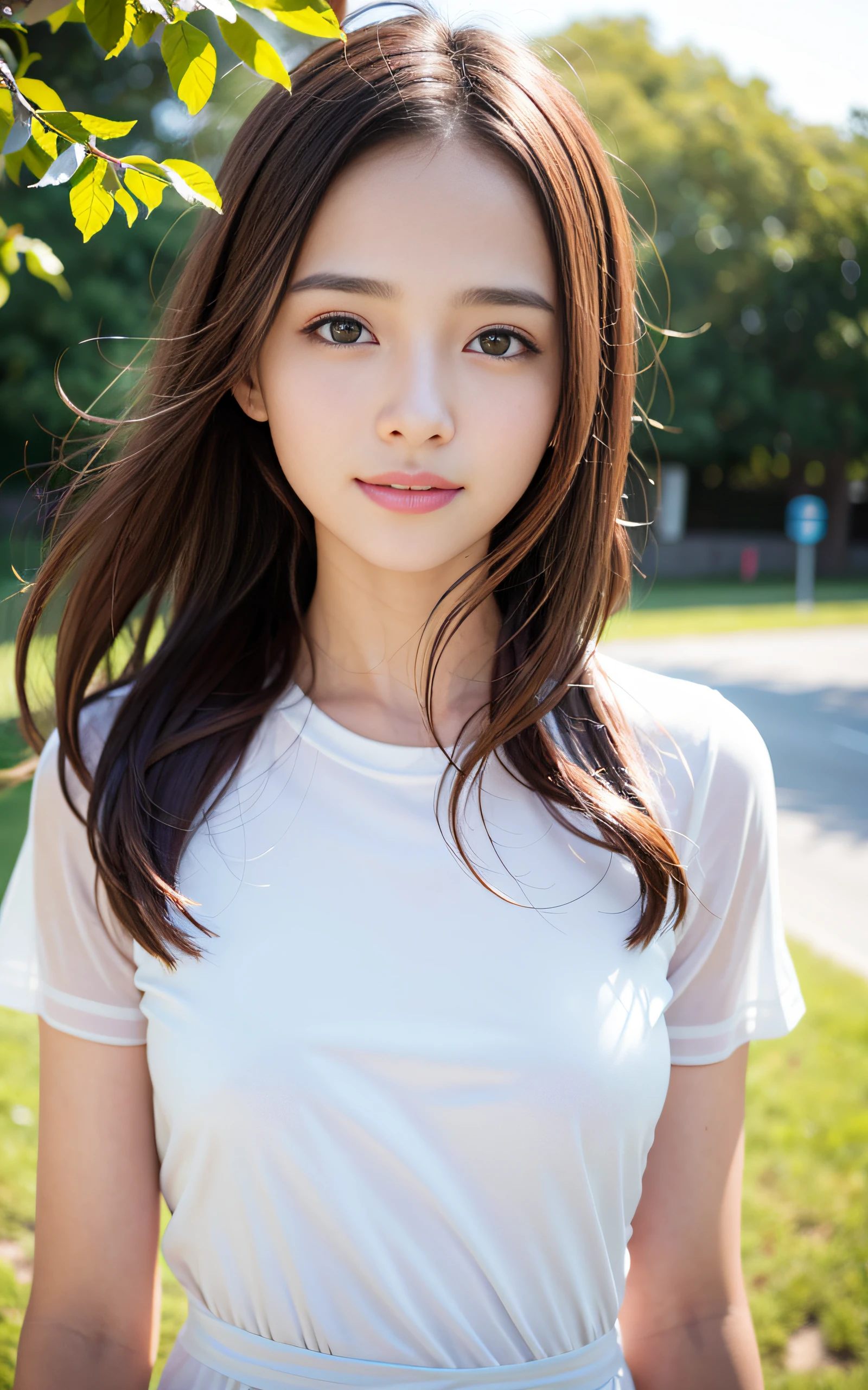 masterpiece, Best Quality, 8K, 16 yo, Large breasts, Raw photo, Professional Photography, Portrait, Soft light, Professional Lighting, Solo, Smile, close up, Face, close up, Cute, Girly, Goddess, Delicate girl, Neat and clean beauty, Full body, Digital SLR, Looking away, Candid, Sophisticated, Film grain, (Eyes and faces with detailed:1.0), Medium length hair swaying in the wind, Bangs, T-shirt, Pants, sneakers